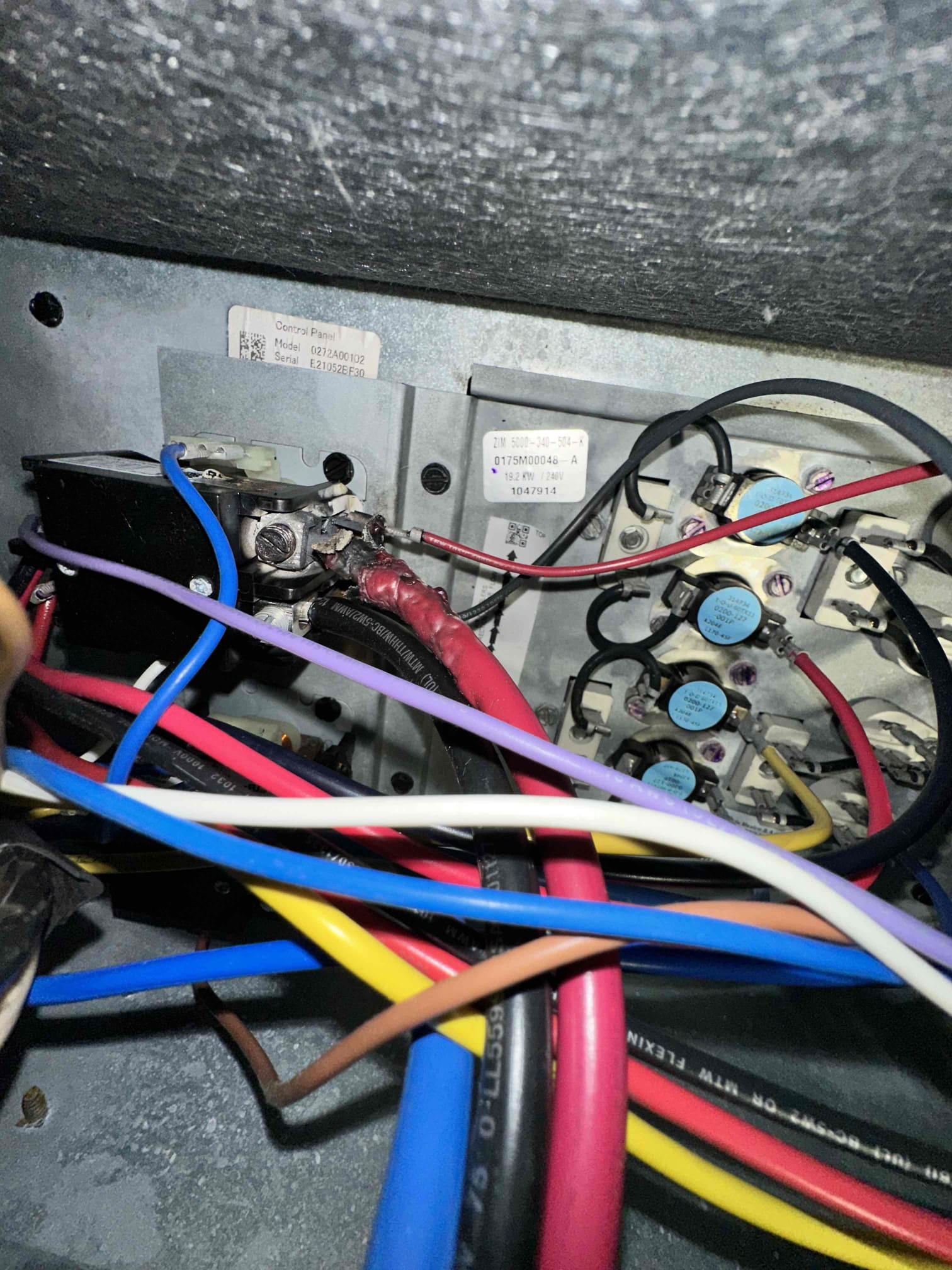 Upon arrival, I discovered that a burning contactor causes the transformer to lose 120v out of 240v. I received approval from the customer to replace the contactor under warranty and repair the wiring. After repairing, I tested the system to ensure it was properly heating. System is heating upon departure. 