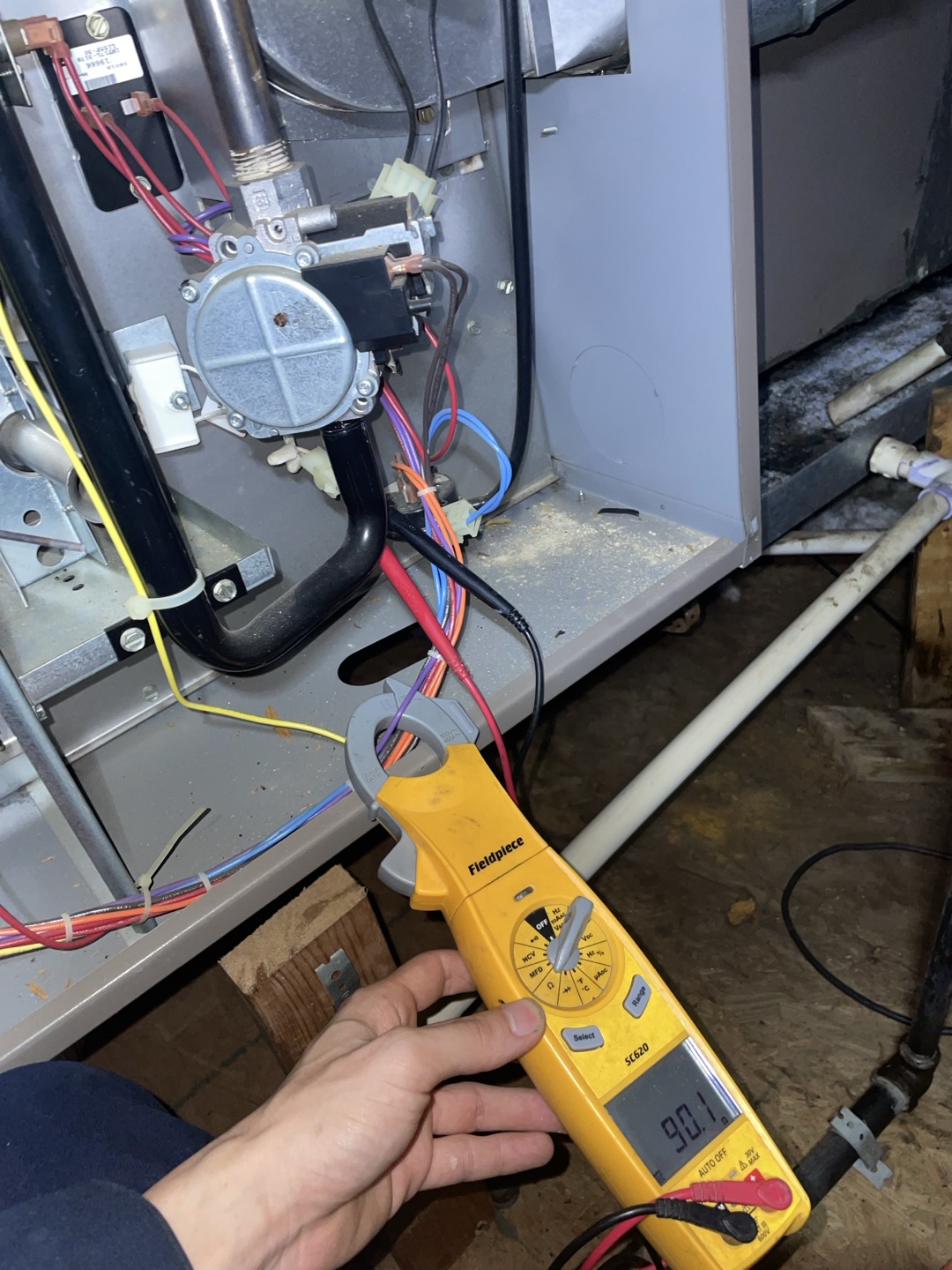  1. Visually inspected condenser coil for debris/ dirty.
2. Inspected condenser fan motor.
3. Inspected condenser fan blades.
4. Inspected/ cleaned wiring connections.
5. Tested for gas leaks
6. Tested functionality and cleaned flame sensor
7. Tested functionality and cleaned pressure switches and ports
8. Inspected / replaced return filter.
9. Inspected return plenum for debris/ dirty.
10. Inspected evaporator coil.
11. Tested functionality and visually inspected surface igniter
12. Checked blower amp draw.
13. Measured temperature differential from supply to return. 20 degrees measured.
14.Drain line tested with gallon of water for clogs and to push anything trying to solidify out

Found outdoor condenser blanketed in debris and dust. This causes undue stress on the compressor and all connected components. I would highly recommend having the coils cleaned in order to keep this unit alive as long as possible.  I also noticed there’s no float switch on this unit. This can cause water t