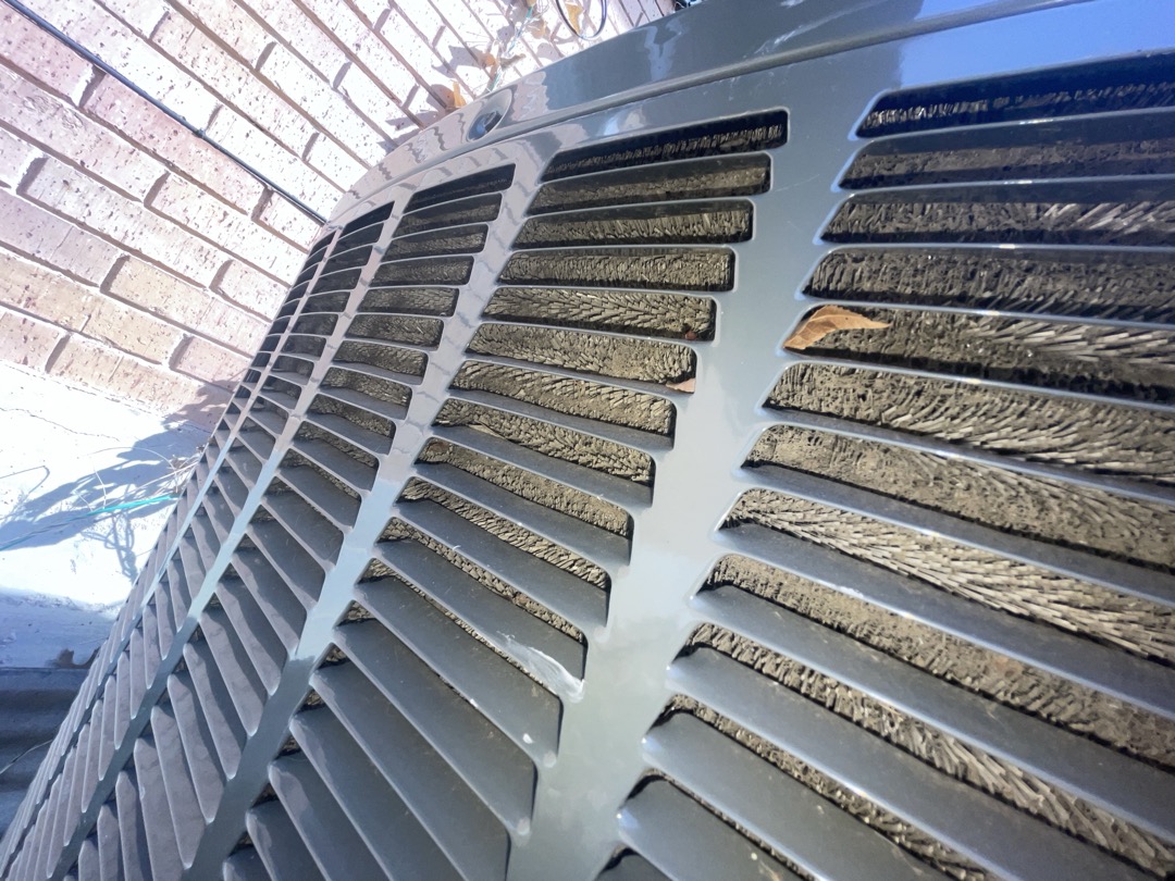 2. Visually inspected condenser coil for debris/ dirty.
3. Inspected condenser fan motor.
4. Inspected condenser fan blades.
5. Inspected/ cleaned wiring connections.
6. Tested compressor/ condenser fan motor capacitor.
7. Checked compressor amp draw.
8. Checked condenser fan motor amp draw.
9. Inspected / replaced return filter.
10. Inspected return plenum for debris/ dirty.
11. Inspected evaporator coil.
12. Inspected blower motor/ blower wheel.
13. Checked blower amp draw.
14. Measured temperature differential from supply to return. 20 degrees measured.
15. Inspected drain lines and treated to prevent blockages 
16. Rinsed condenser unit to promote heat exchange


Found condenser outside entirely plugged with dust and debris all the way around. Also found good amount of dust on the blower wheel this indicates that at least this much dust has made it past the filter and onto the evaporator coil. Advised homeowner that both coils would need to be cleaning in order to maintain efficien