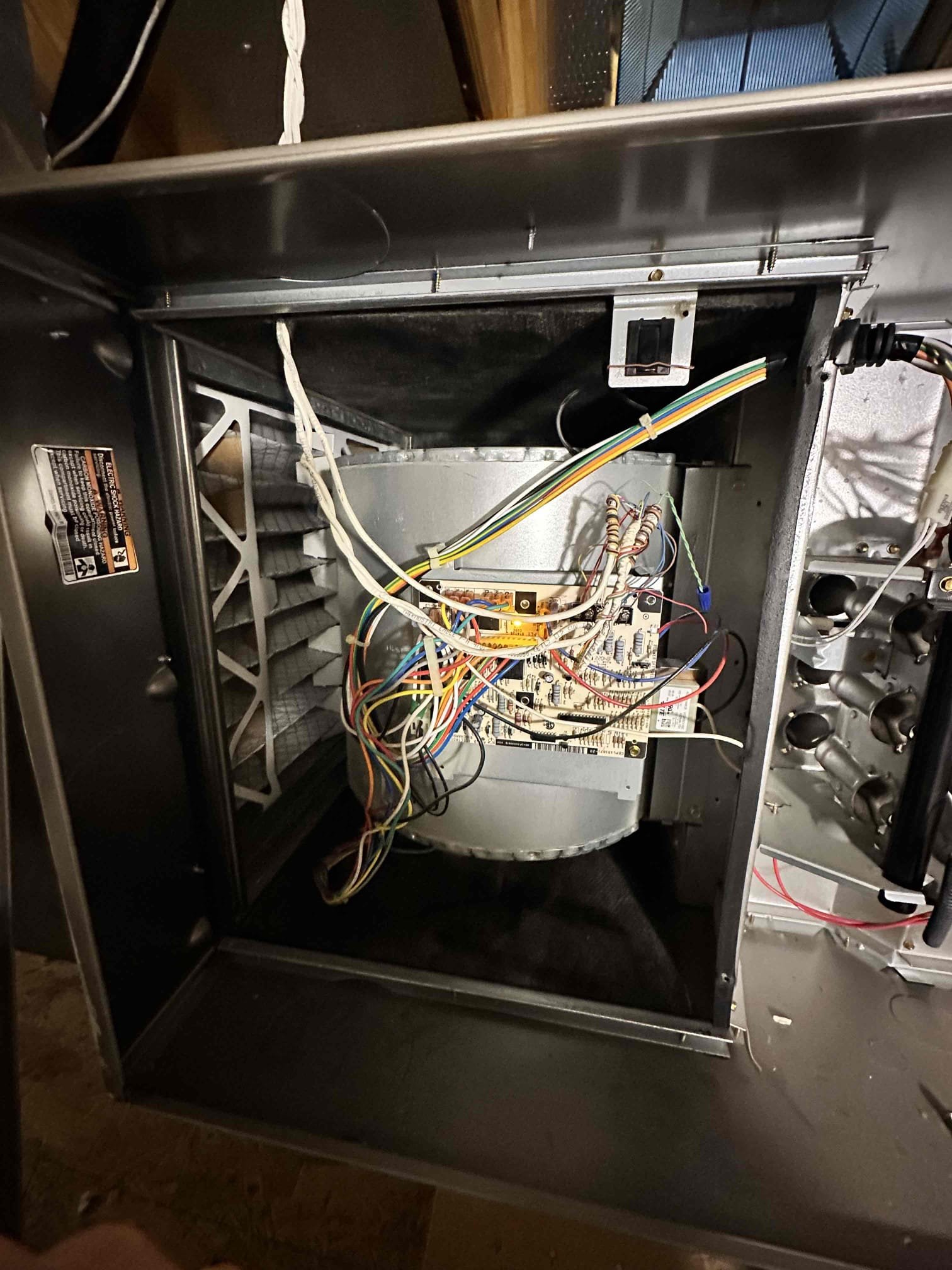 I performed a heating maintenance on a 2019 gas system. I checked amps, filters, electrical, drains, cleanliness, and safeties. Customer requested I inspect the drain. I flushed the drain with a water/chemical mixture to ensure it was clear and advised that putting bleach/vinegar would help with maintaining the drain. I observed that the emergency drain pan is showing signs of calcium formation on the bottom and that the system does not have a water safety switch. I provided options to the customer for these items. Customer declined during service. 