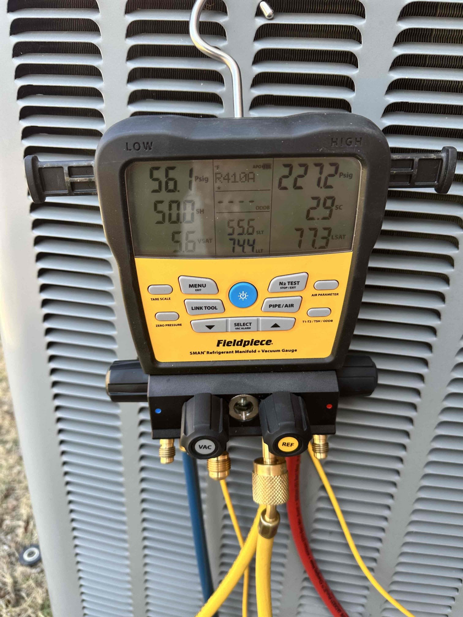 Upon arrival, I discovered the outdoor unit in a low pressure lock out. I reset the outdoor unit and tested the system in cooling. It appeared that the system was low on R410a. I proceeded to introduce refrigerant to the system for testing purposes. I added approximately 1 and a half pounds. This verified that it was low due to pressures leveling out. I proceeded with a leak search and got minor alerts on my infrared leak detector in the evaporator coil. Also, I suspect that the blower may be having an issue. We will have to reach out to the manufacture on Monday to locate the coil. We will replace the blower motor, as well. Customer has parts and labor until 2031. 