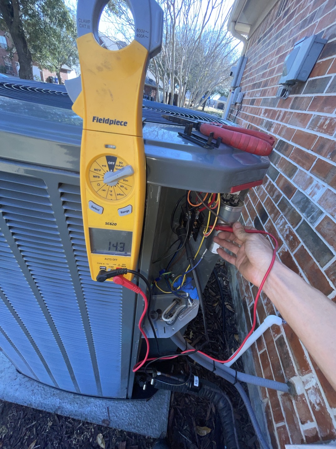 McKinney, TX - 1. Rinsed condenser with water to promote heat exchange and reduce stress on system
2. Visually inspected condenser coil for debris/ dirty.
3. Inspected condenser fan motor.
4. Inspected condenser fan blades.
5. Inspected/ cleaned wiring connections.
6. Tested compressor/ condenser fan motor capacitor.
7. Checked compressor amp draw.
8. Checked condenser fan motor amp draw.
9. Inspected / replaced return filter.
10. Inspected return plenum for debris/ dirty.
11. Inspected evaporator coil.
12. Inspected blower motor/ blower wheel.
13. Checked blower amp draw.
14. Measured temperature differential from supply to return. 20 degrees measured.
15. Inspected drain lines and treated to prevent blockages 

Found good amount of dust in ducts and air report showed high levels of particulate matter. Advised homeowner they could benefit from a  duct cleaning to improve air quality and reduce stress on system. Homeowner is not interested in insulation at this time, but will consider duct cleaning f
