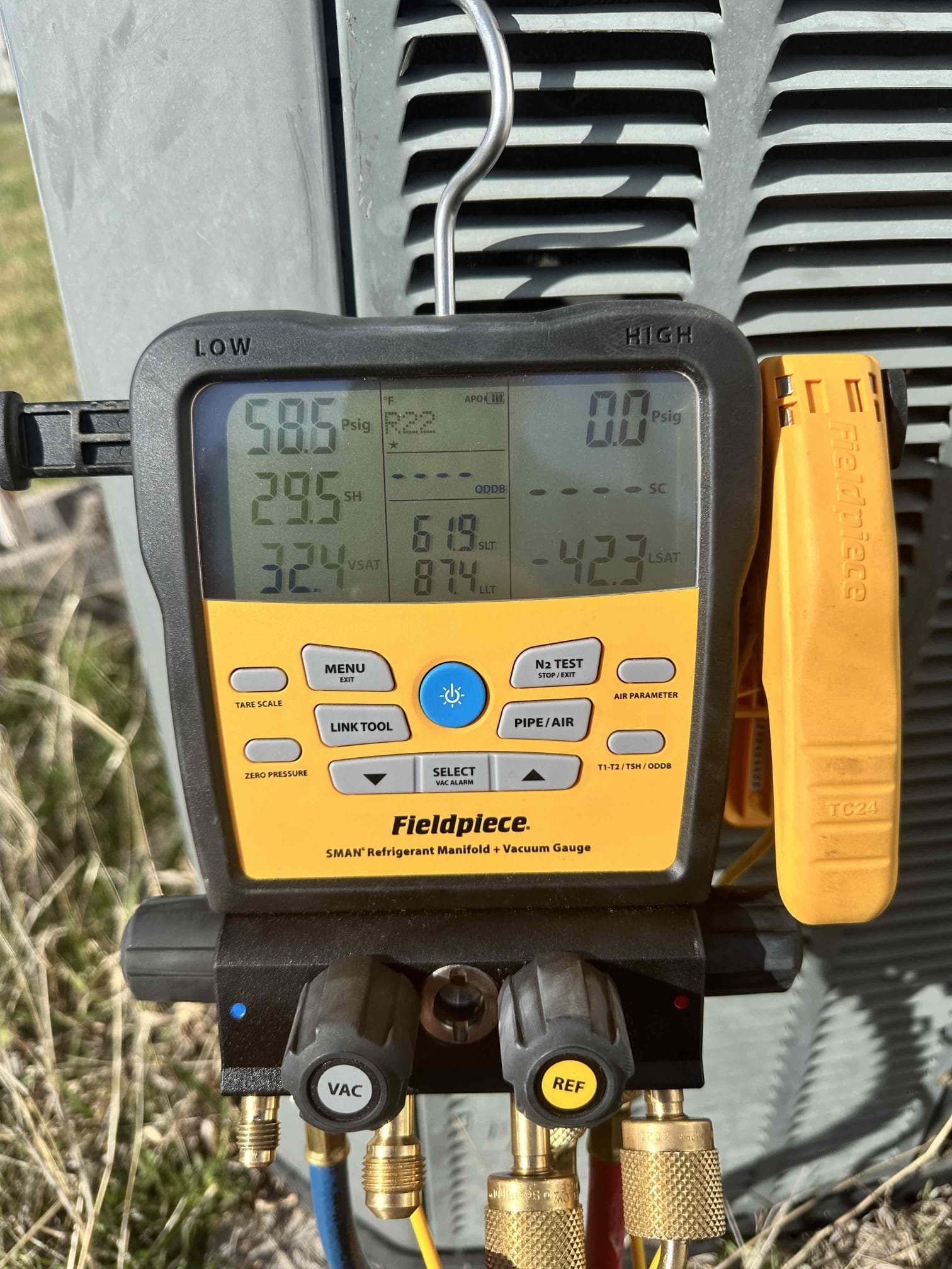 Van Alstyne, TX - Performed a single cooling maintenance on a 2005 R22 straight cool unit. I checked amps, capacitor, filter, electrical, cleanliness, drains, and safeties. The system has an active refrigerant leak and the blower motor is worn out. The evaporator coil needs cleaning, also. I priced replacing the blower motor, but it is risky to clean the evaporator coil with a leak present. Customer requested a 4 ton straight cool system price. 