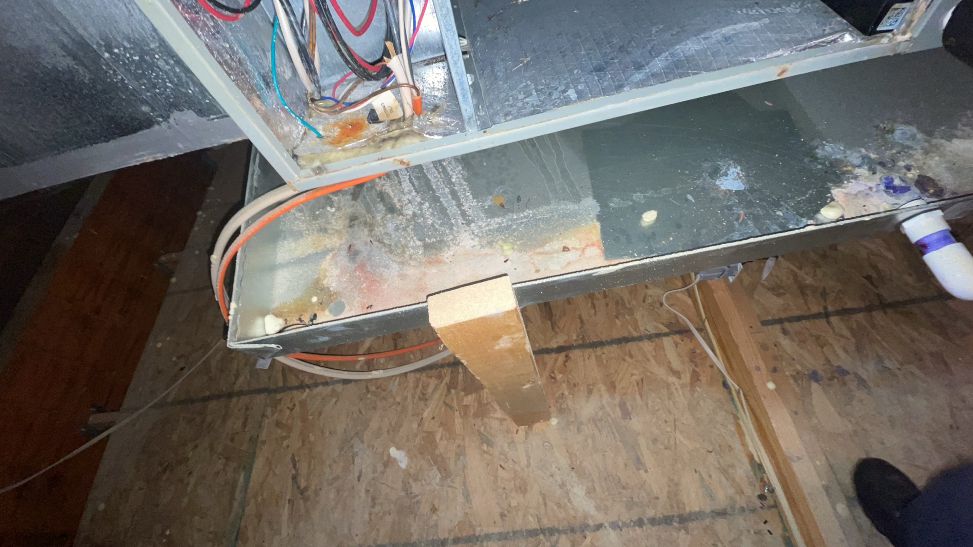 Van Alstyne, TX - 1. Visually inspected condenser coil for leaks and abnormalities.
2. Inspected condenser fan motor, blades and bearings.
3. Inspected, cleaned, and, tightened wiring connections.
4. Measured capacitance of  compressor/fan motor capacitor.
5. Inspected and measured resistance of contactor
6. Measured compressor current draw.
7. Measured condenser fan motor amp draw.
8. Inspected and replaced return filter.
9. Inspected return plenum for dust or debris.
10. Inspected evaporator coil for cleanliness and oxidation.
11. Inspected blower motor/ blower wheel for dust and debris
12. Measured blower motor current draw.
13. Measured temperature differential from supply to return. 20 degrees measured.
14. Tested drain lines for proper drainage and treated to prevent blockages.
15. Rinsed condenser with water to promote heat exchange and reduce stress on system by removing dust and debris.

Found no float switch on attic unit. Float switch is intended to shut unit off if primary drain line becomes