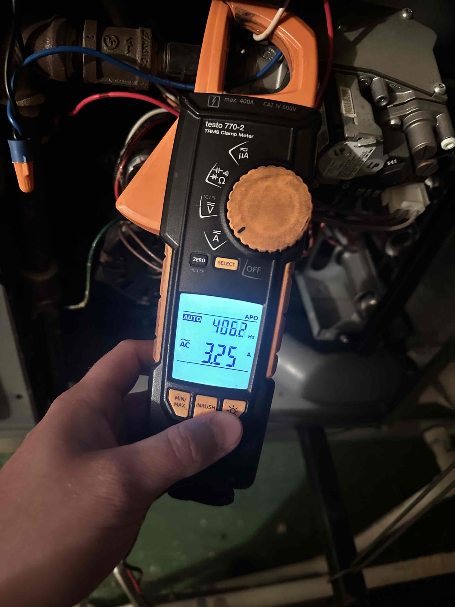 Upon arrival, the thermostat was presenting a fault on the thermostat stating that the blower was not operating. I set the blower to On and proceeded to the attic. I took an amp reading and video of the blower being fully operational before resetting the system. After reseting the system, I tested the drain to ensure it was clear and set the system to cooling. I discovered no issues that would have caused this, during the thorough evaluation of the equipment. I asked the customer about prior events before the fault code. She was unsure about which cycle was being ran and did not notice a power surge. The system is cooling without fault codes upon departure. I advised the customer to document what cycle was being ran, if the fault code comes back. Also, I informed her of our call back policy.