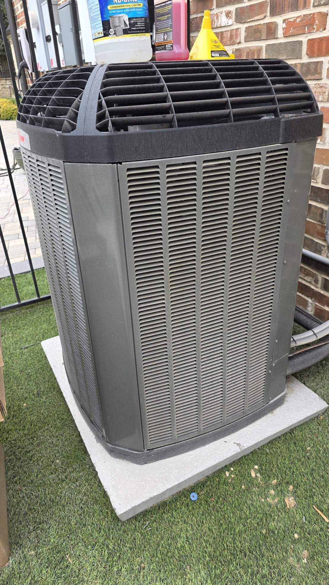 Allen, TX - Preformed 3 system maintenance on 3 communicating gas trane systems. I tested all electric components on each system all tested within manufacturer specifications. I noticed on the upstairs and downstair system drain lines were extremely clogged. Water was spilling on the decking of the attic. Spoke to client about the issue and was asked to leave when I mentioned that I would have to charge to clear both drain lines before I could finish the maintenance. All outside units were testing within range and cooling upon departure. Filter sizes 20x25x4 aprilaire 210.