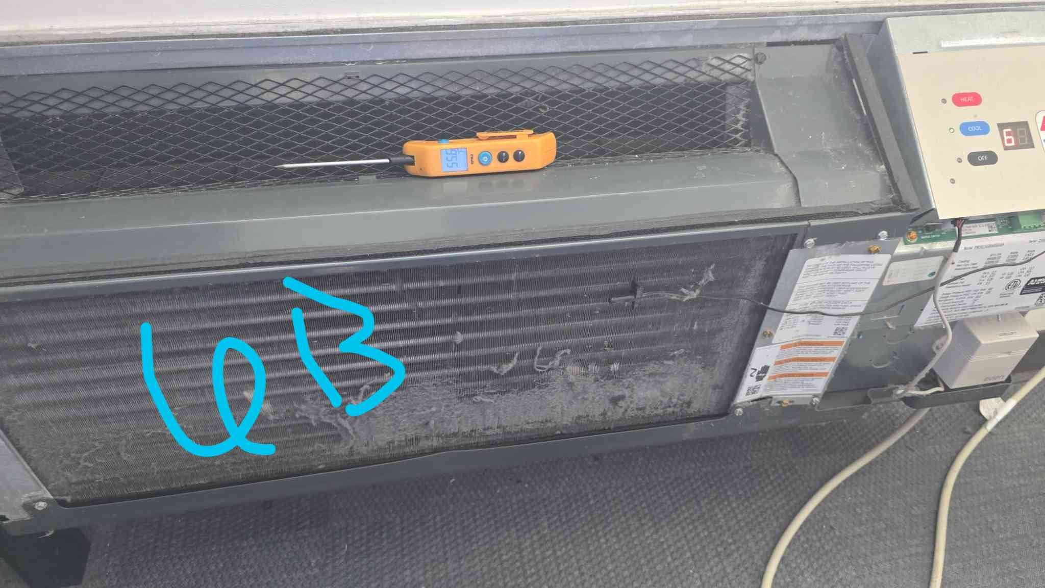 Melissa, TX - Tested all Ptacs in cooling mode. Washed filters. Measured supply temp. Tested compressor run amps and fan run amps. Inspected evaporator coils for stuck on dust and debris.

Found all ptacs with very dirty evaporator coils covered in dust and lint and in need to chemical cleaning in order to promote efficiency, performance, and longevity by reducing stress on the unit.

3a Ptac 27 bad temperature sensor
5b ptac 16 bad AA thermostat batteries
5a ptac 14  working but loud dehumidification fan