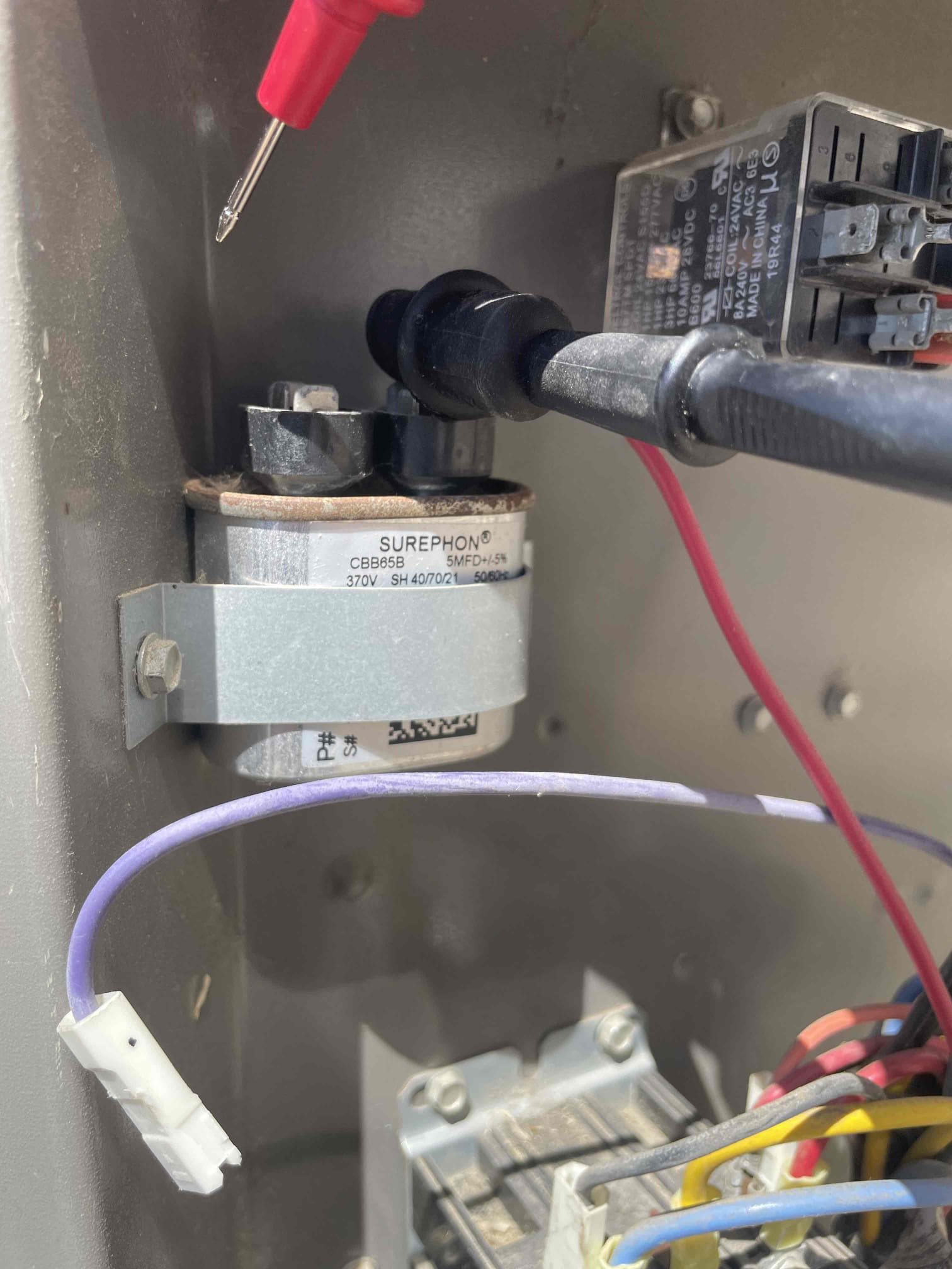 Melissa, TX - 1.  Visually inspected condenser coil for leaks and abnormalities.
2. Inspected condenser fan motor, blades and bearings.
3. Inspected, cleaned, and, tightened wiring connections.
4. Measured capacitance of  compressor/fan motor capacitor.
5. Inspected and measured resistance of contactor
6. Measured compressor current draw.
7. Measured condenser fan motor amp draw.
8. Inspected and replaced return filter.
9. Inspected return plenum for dust or debris.
10. Inspected evaporator coil for cleanliness and oxidation.
11. Inspected blower motor/ blower wheel for dust and debris
12. Measured blower motor current draw.
13. Measured temperature differential from supply to return. 20 degrees measured.
14. Tested drain lines for proper drainage and treated to prevent blockages.
15. Rinsed condenser with water to promote heat exchange and reduce stress on system by removing dust and debris.

Capacitor on both units were testing outside of manufacturer specifications. These capacitors are liable to