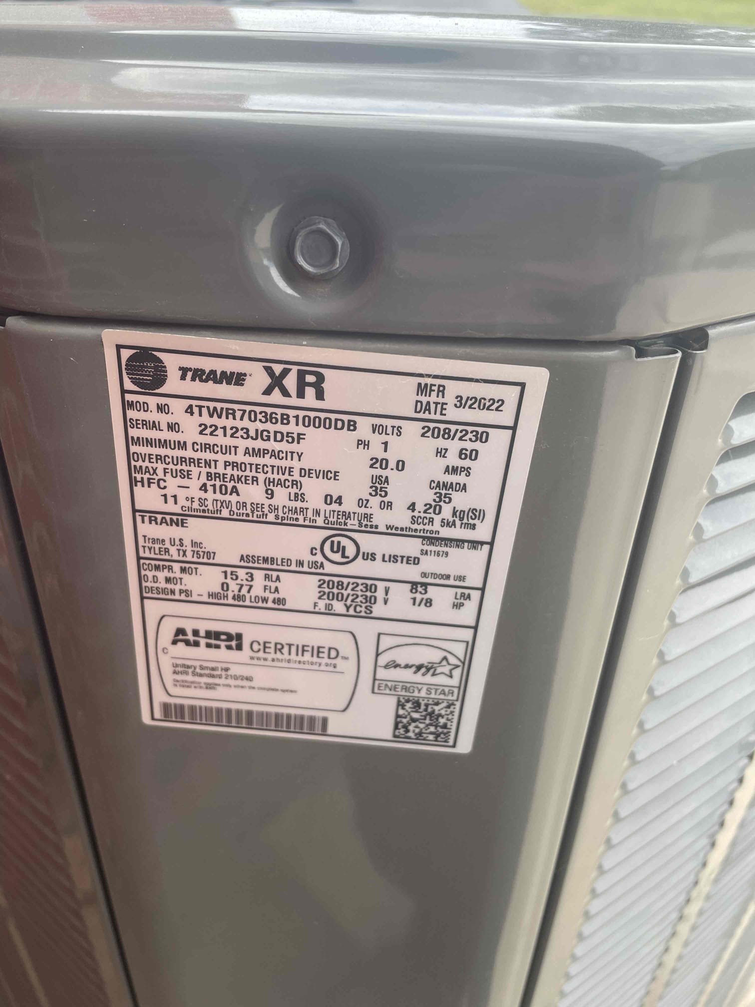 Van Alstyne, TX - Found errors on thermostat related to indoor temperature sensor. Replaced batteries on sensor and error went away. Tested capacitor on outdoor unit and found it to be entirely failed and bulging. Replaced capacitor under parts and labor warranty and unit started up without issue. Allowed unit to run for 30 minutes and tested supply temp 57 supply 75. Slightly higher than expected tested refrigerant pressures and found then to be within manufacturer specifications. Low temp split is likely due to very dirty outdoor coil. We will address this on next maintenance.

System running upon departures