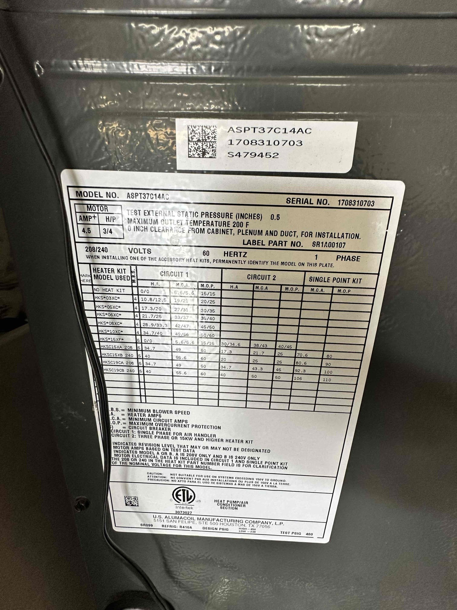 Sherman, TX - Upon arrival, I discovered that the system was operating normally. After further investigation, I found that the system was low on R410a. I provided a quick leak inspection and could not pin point the leak, but I did have oil residue in the evaporator coil cabinet. I went over the options with the customer, and he opted to fill the system up with no warranty or guarantee. The indoor manufacture date is 2017 and the outdoor is 2018. Both units are outside of warranty. The system is cooling with a 20 degree temperature split upon departure. While watching pressures, I noticed that the subcool did not want to come to the target range of 7 - 9. The liquid pressure did not want to come up either. It appears the TXV is stuck open not allowing the refrigerant to flow correctly through the TXV. 