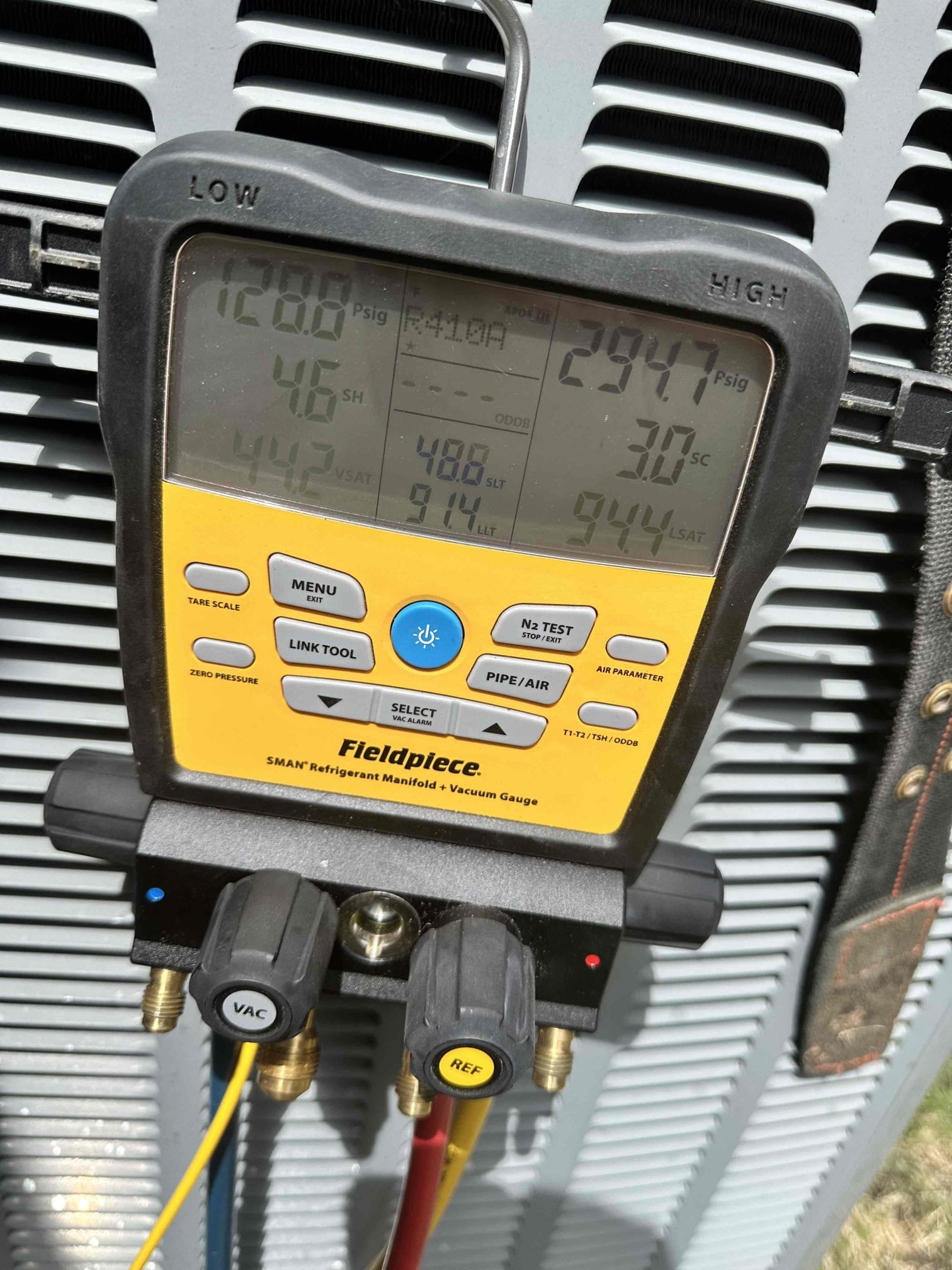 Sherman, TX - Upon arrival, I discovered that the system was operating normally. After further investigation, I found that the system was low on R410a. I provided a quick leak inspection and could not pin point the leak, but I did have oil residue in the evaporator coil cabinet. I went over the options with the customer, and he opted to fill the system up with no warranty or guarantee. The indoor manufacture date is 2017 and the outdoor is 2018. Both units are outside of warranty. The system is cooling with a 20 degree temperature split upon departure. While watching pressures, I noticed that the subcool did not want to come to the target range of 7 - 9. The liquid pressure did not want to come up either. It appears the TXV is stuck open not allowing the refrigerant to flow correctly through the TXV. 