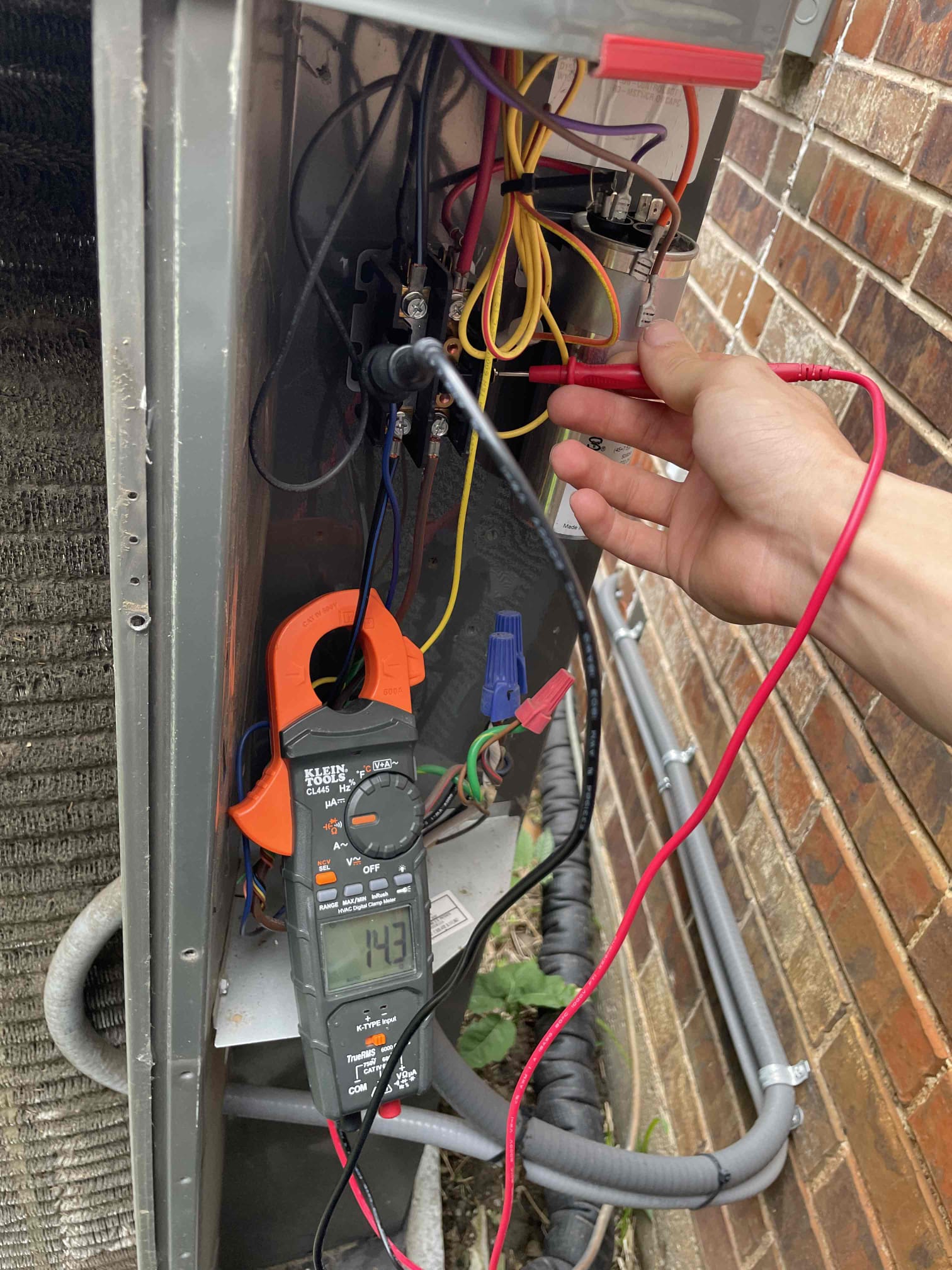 Allen, TX - 1.  Visually inspected condenser coil for leaks and abnormalities.
2. Inspected condenser fan motor, blades and bearings.
3. Inspected, cleaned, and, tightened wiring connections.
4. Measured capacitance of  compressor/fan motor capacitor.
5. Inspected and measured resistance of contactor
6. Measured compressor current draw.
7. Measured condenser fan motor amp draw.
8. Inspected and replaced return filter.
9. Inspected return plenum for dust or debris.
10. Inspected evaporator coil for cleanliness and oxidation.
11. Inspected blower motor/ blower wheel for dust and debris
12. Measured blower motor current draw.
13. Measured temperature differential from supply to return. 20 degrees measured.
14. Tested drain lines for proper drainage and treated to prevent blockages.
15. Rinsed condenser with water to promote heat exchange and reduce stress on system by removing dust and debris.

Downstairs condenser is starting to show signs of oxidation. Advised condenser cleaning, not very urgent at