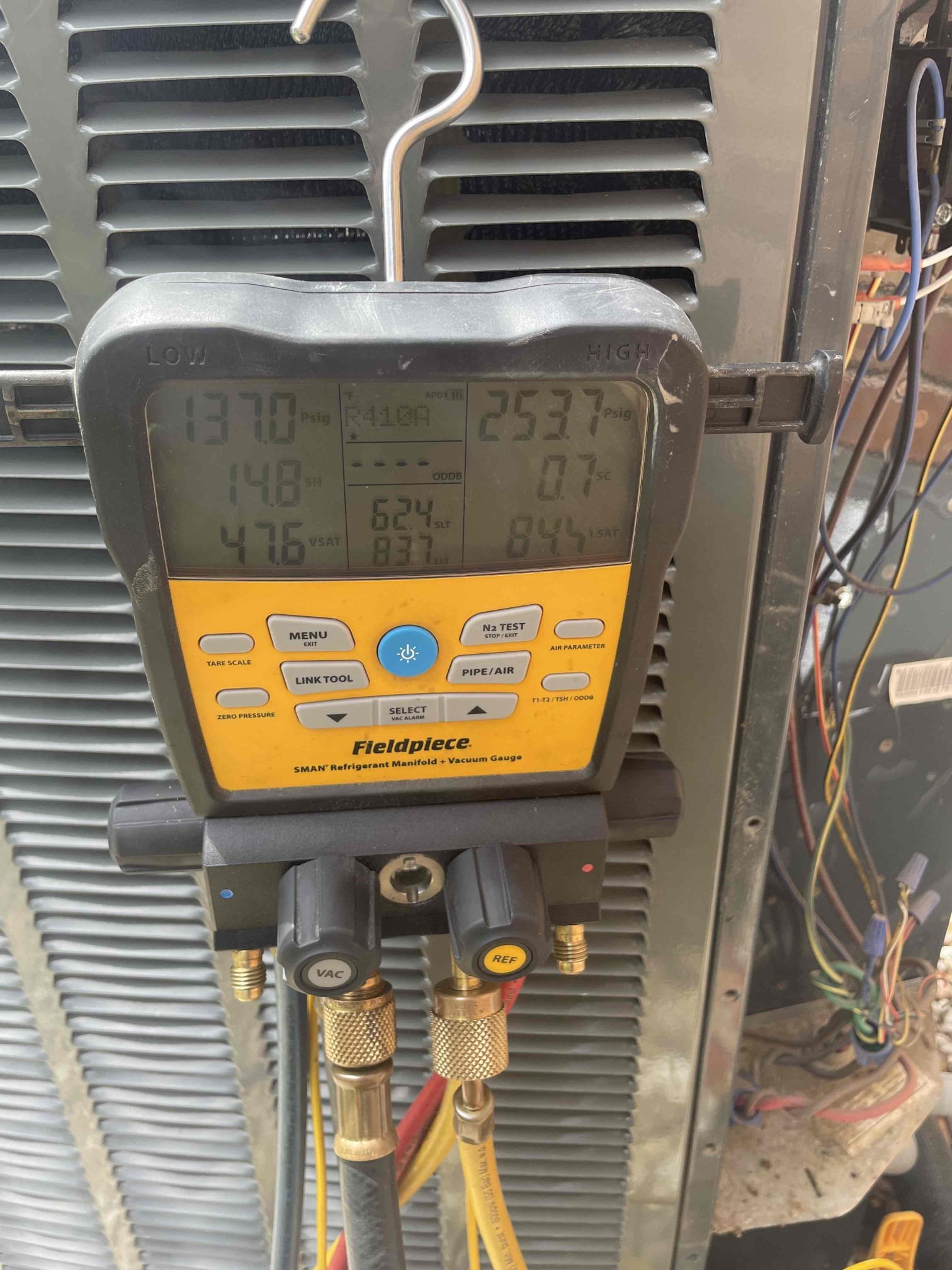 McKinney, TX - Tested temperature split and found supply only around 58-59. Tested refrigerant pressures and found system to be low. Found leak in the evaporator coil for master bedroom. Advised homeowner it was covered under parts warranty the only things he would be responsible for are refrigerant, new filter dryer, and labor. Office sent error to me that I was not seeing on this unit found den unit displaying error for amient temp sensor. Reviewed outdoor wiring and found sensor chewed by rodents. Measured ohms and found OL indicated the wire is severed somewhere. Provided options to homeowner for coil replacement and sensor replacement. 

Both systems running upon departure