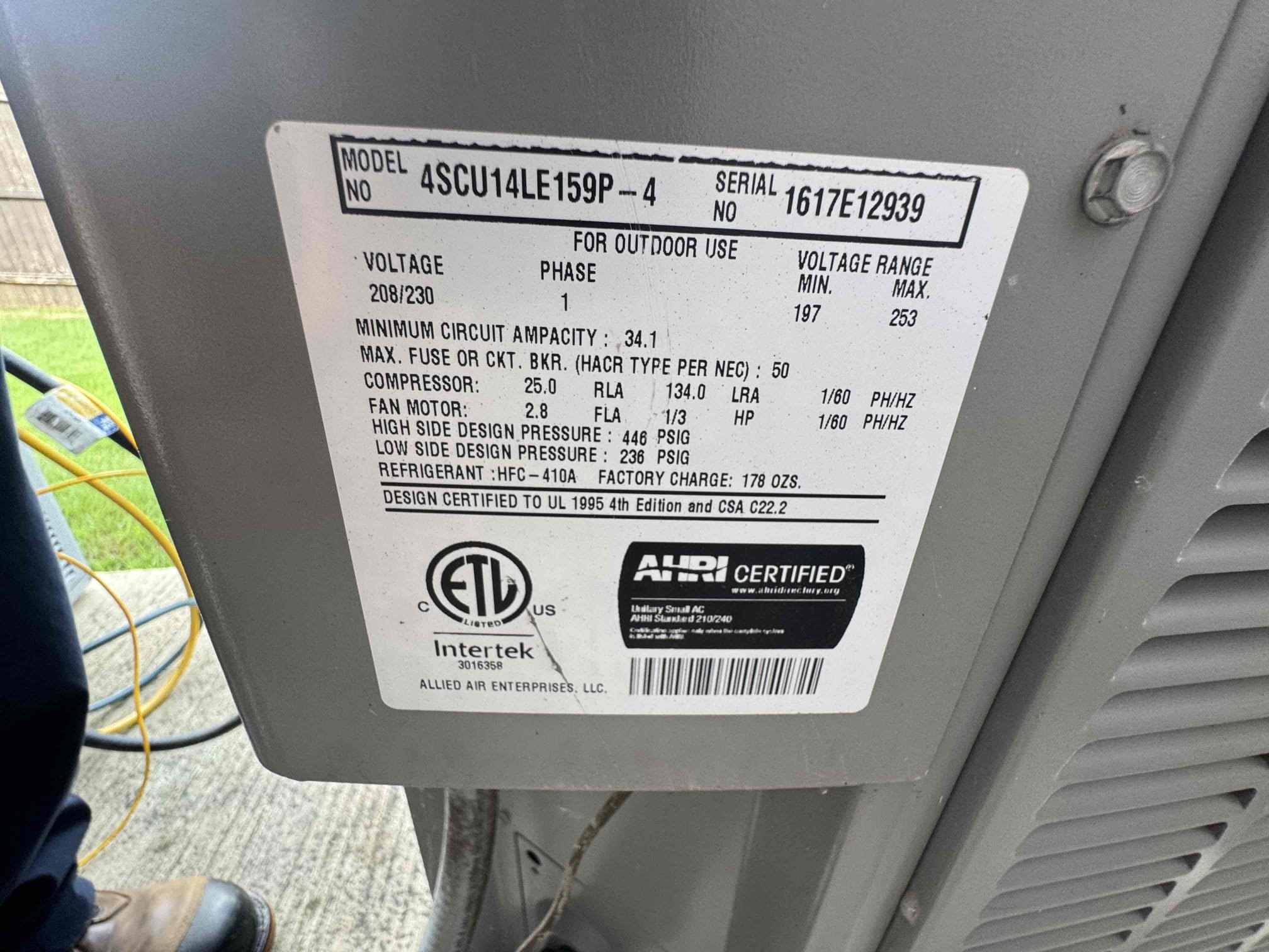 Anna, TX - Armstrong air 2017 furnace. Homeowner stated unit was not keeping up upstairs. Supply temperature measured at 65. Measured refrigerant pressures and found them to be low. This confirms system has a refrigerant leak. Leak is more than likely at evaporator coil as I cannot see any leaks outside. Found water draining out of secondary drain line outside. Advised homeowner should any blockage happen to the secondary line it will cause water to come through the ceiling. Outdoor electrical including contactor and capacitor were testing on the edge of manufacturer specifications and will likely need to be replaced soon. Provided options for coil replacement not under warranty, drain line clearing, and for the maintenance program. Homeowner elected to go forward with all three. Advised homeowner we have coil ordered and will likely be ready Friday or Monday. Added 3.5 lbs of 410a to allow system to cool in the mean time. Also cleared drain line and tested to verify all bloackages have been remo