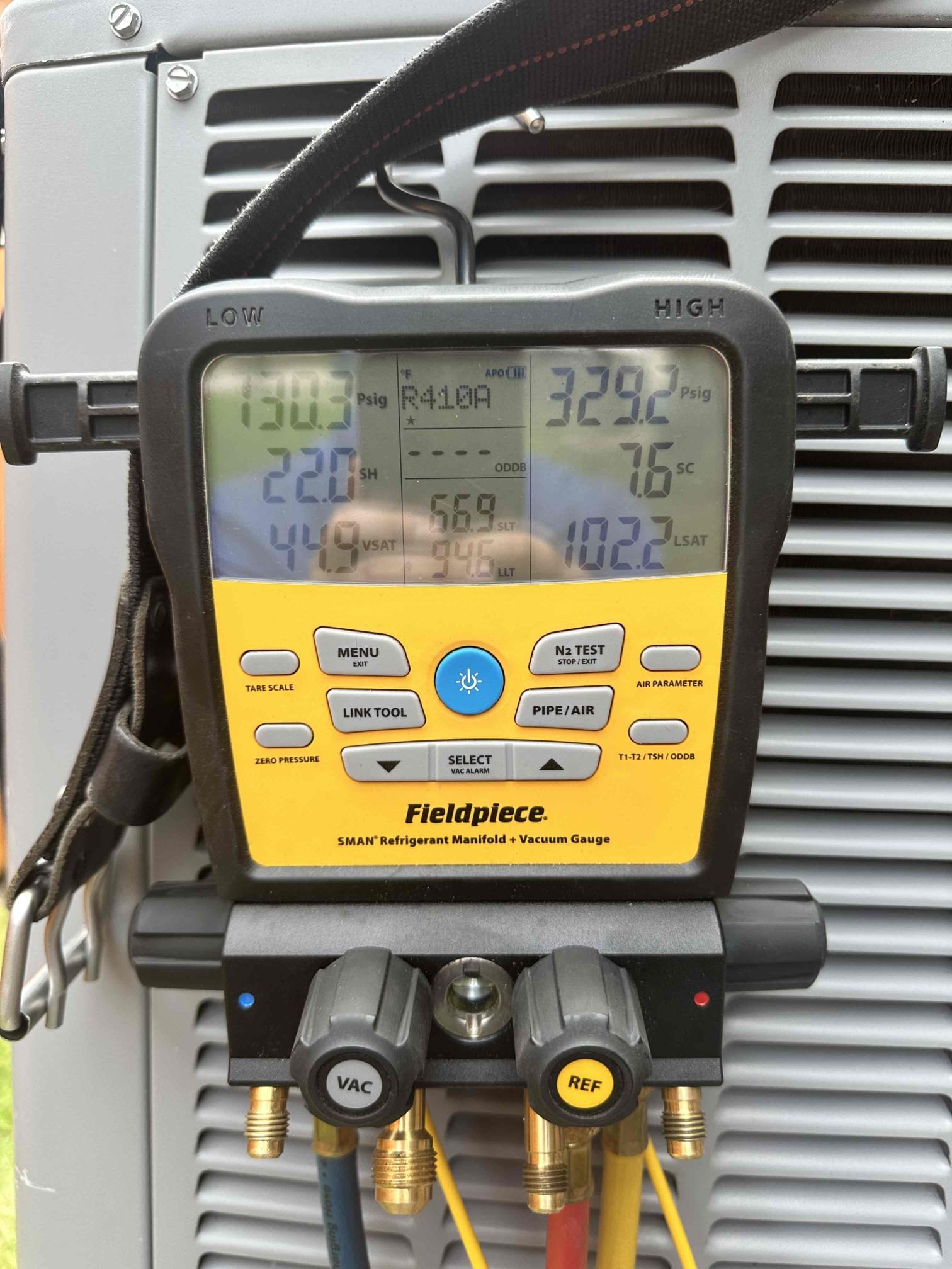 Anna, TX - Upon arrival, I discovered that the system was low on R410a. I located the leak in the evaporator coil. Customer elected to fill the system up with R410a and added leak seal. System is cooling properly upon leaving. 

The system is approximately 7 pounds low on R410a
We will inject a leak sealant, as well as
Disclaimer***
No warranty / no guarantee 
Leak sealant may cause further issues by plugging up portions of the refrigerant cycle.
