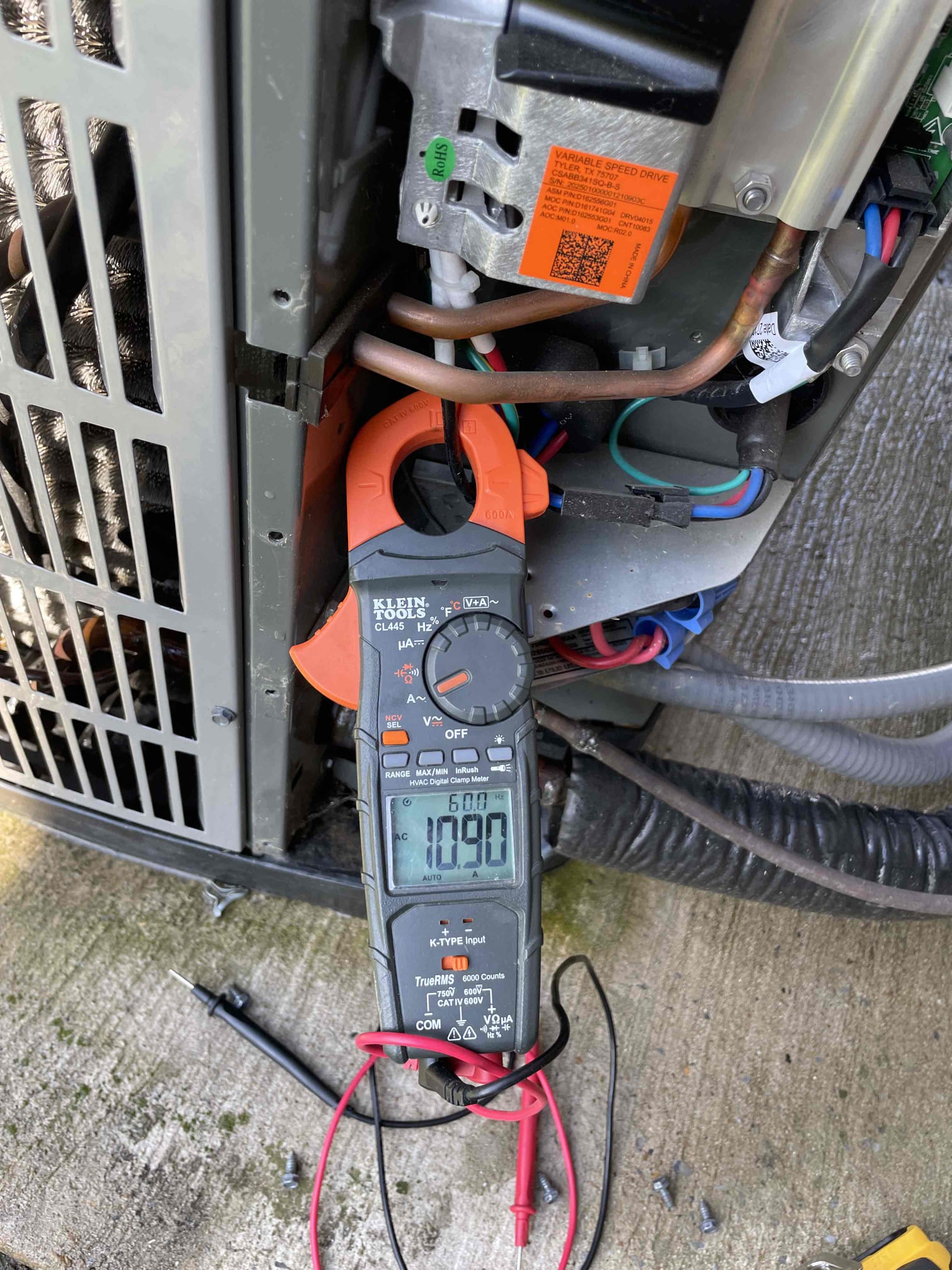 Van Alstyne, TX - 1. Visually inspected condenser coil for leaks and abnormalities.
2. Inspected condenser fan motor, blades and bearings.
3. Inspected, cleaned, and, tightened wiring connections.
4. Measured capacitance of  compressor/fan motor capacitor.
5. Inspected and measured resistance of contactor
6. Measured compressor current draw.
7. Measured condenser fan motor amp draw.
8. Inspected and replaced return filter.
9. Inspected return plenum for dust or debris.
10. Inspected evaporator coil for cleanliness and oxidation.
11. Inspected blower motor/ blower wheel for dust and debris
12. Measured blower motor current draw.
13. Measured temperature differential from supply to return. 20 degrees measured.
14. Tested drain lines for proper drainage and treated to prevent blockages.
15. Rinsed condenser with water to promote heat exchange and reduce stress on system by removing dust and debris.

Found 1 inch filter installed in filter cabinet when it has the capability to take 4 inch filters. Advised r