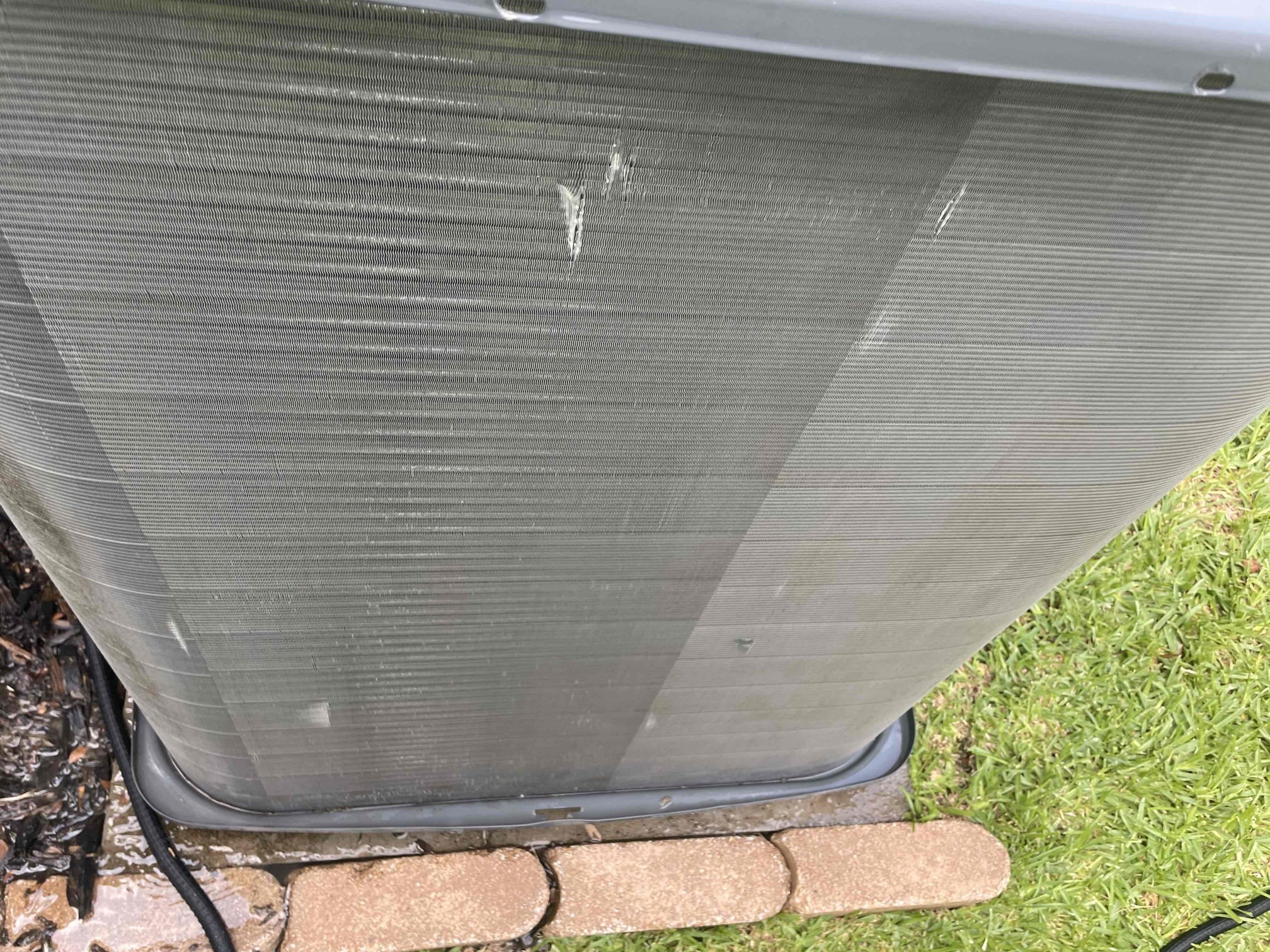Arrived on site, replaced thermostat wire to Trane unit and ran new conduit from the outdoor condenser to the exterior wall. Disassembled and chemically cleaned outdoor Amana coils photos included. Replaced capacitor and filter on Amana unit. Could not replace filter on Trane unit as the filter currently in the unit was labeled wrong so both filters are Aprilaire 210.