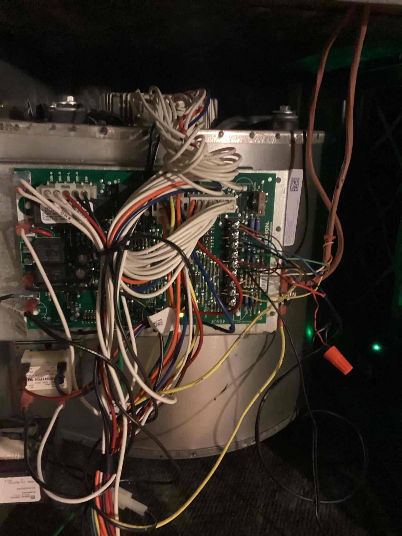 Upon arrival I found that outdoor unit was coming on a short cycling turning off after about 20 seconds. I found that blower motor inside furnace was not coming on. Upon further investigation, I found that control board was not giving the correct voltage to the blower motor. Blower motor had burnt up due to insufficient voltage from control board. Will need to order new control board and blower motor under warranty. Homeowner also wants to warranty the two thermostats. Homeowner would like thermostats, control board and blower motor to be done on same day.