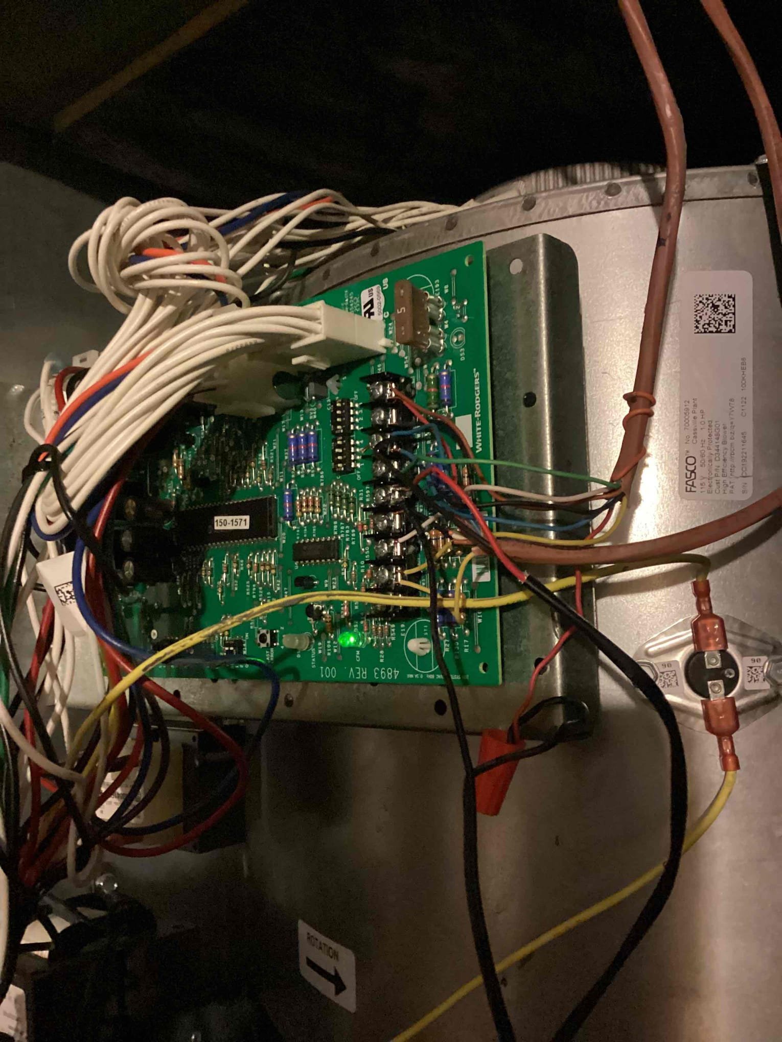 I replaced warranty blower motor and control board. Tested system and system is running properly at this time. Will need to return to warranty (2) 824 thermostats. 