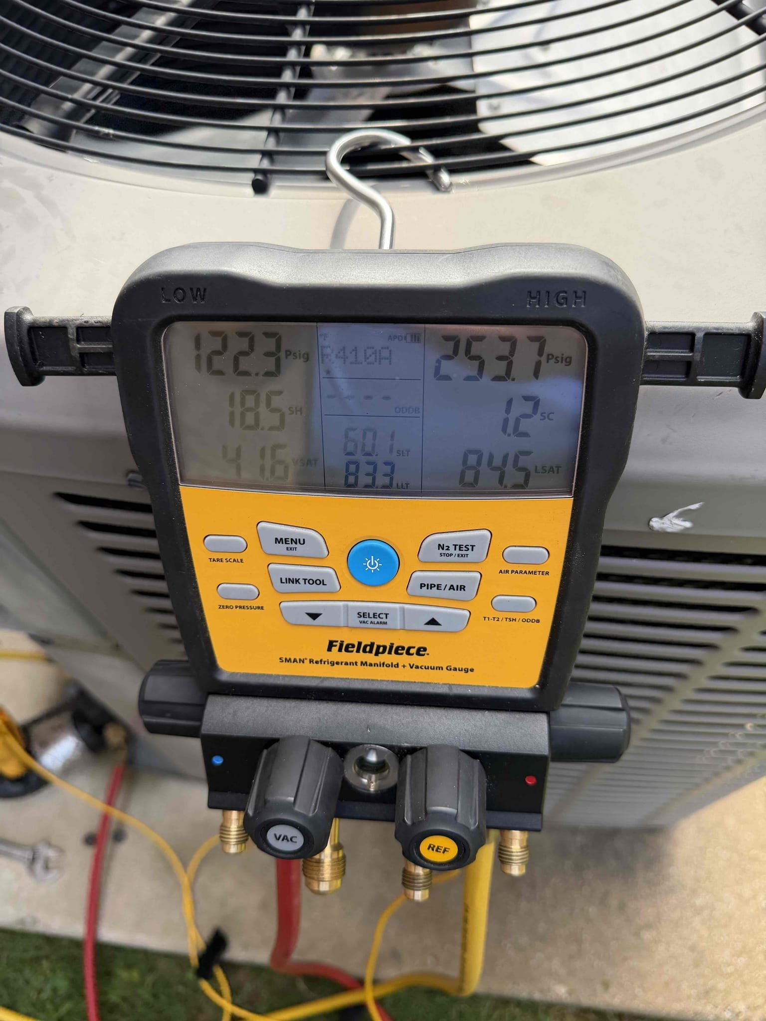 Anna, TX - Upon arrival, I found the system set to off. I tested the fan on first. It came on without a click indication. I turned the cooling on, and it proceeded to cool without issue. I cycled the system 3 times. I checked refrigerant pressures. This system is charged using super heat. I tested the drains to ensure it was draining properly. I amped the electrical components, and they are within proper range. In a previous visit, the client and I had discussed the thermostat becoming a potential issue. The client has someone that is going to replace it for them likely using a T6. Review notes from June 3rd 2025.