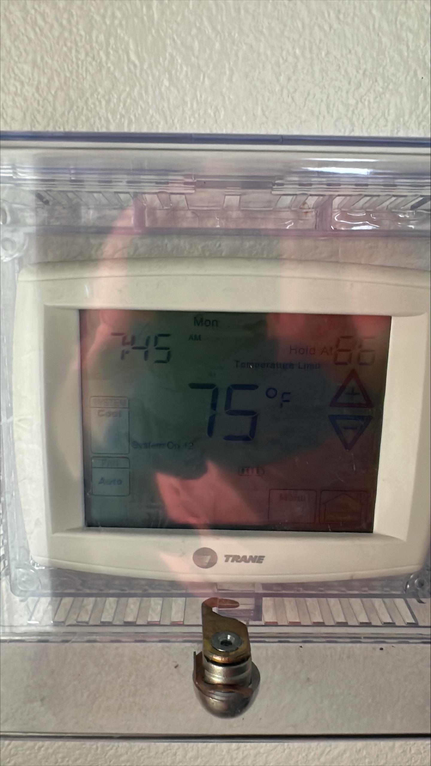 No cool on gym system. Thermostat was set to cool but system was not running. Found that primary drain line was clogged up, causing the float switch to turn the unit off. Cut drain line and cleared it using nitrogen. Glued drain line back together and verified it was draining. Poured water down line and watch all water drain out properly. Checked temperature drop across system, 79° in and 60° out. Filter is dirty, should be replaced soon. System is cooling at this time. 

Filter sizes: 2- 20x25x4”