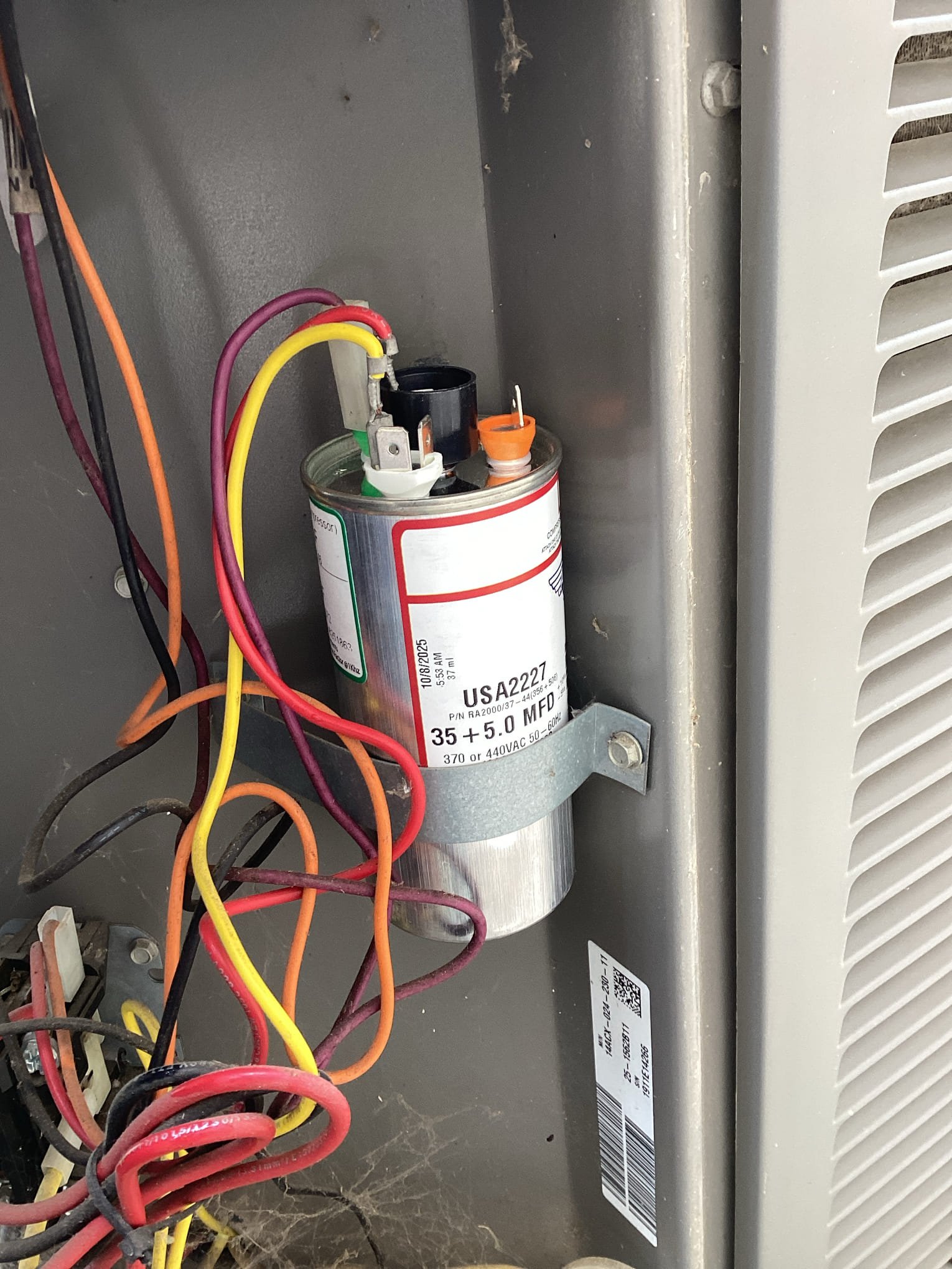 Upon arrival I found that upstairs system is only cooling the air down 11 degrees. The return is pulling in 68° and the supply is putting out 57°. I also found for the upstairs system at the condenser the start capacitor is weak reading 31 out of 35. I recommend replacing start capacitor at upstairs condenser. I also found that for the downstairs system at the condenser the start capacitor is also very low. Reading six out of 70. I also recommend light condenser cleanings on both systems. But especially for the upstairs system so that I can accurately check refrigerant pressures. 

Replaced both start capacitors on both condensers and performed light condenser cleaning on both condensers. Checked pressures after cleaning and still no improvement on the temperatures upstairs. Still just 11 to 13° split.

I performed electronic leak search on both evaporator coil and condenser for upstairs system. Electronic leak detector could not detect a leak.