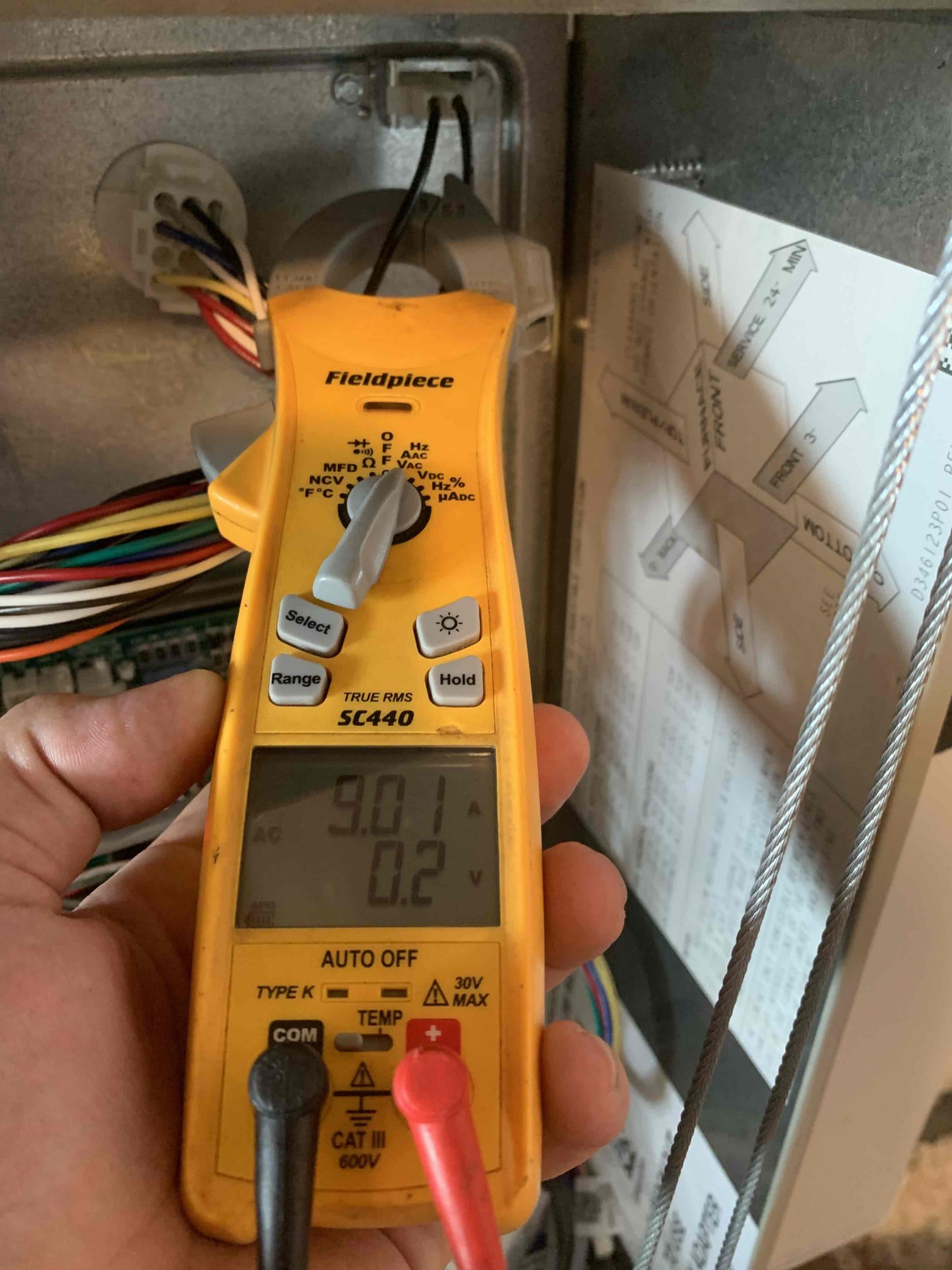1 system AC maintenance. Set thermostat to cooling test mode. Customer replaces his own filter. Measured amp draw on blower motor. Tested drain operation and treated it with drain solution. System has safety float switch installed. Checked temperature drop across coil, getting 19° difference. Measured amp draw on compressor and condenser fan motor. System does not have capacitor or contactor. Cleaned condenser coil using water. Replaced suction temperature sensor under parts and labor warranty. Fault code on thermostat cleared and system is cooling at this time. 