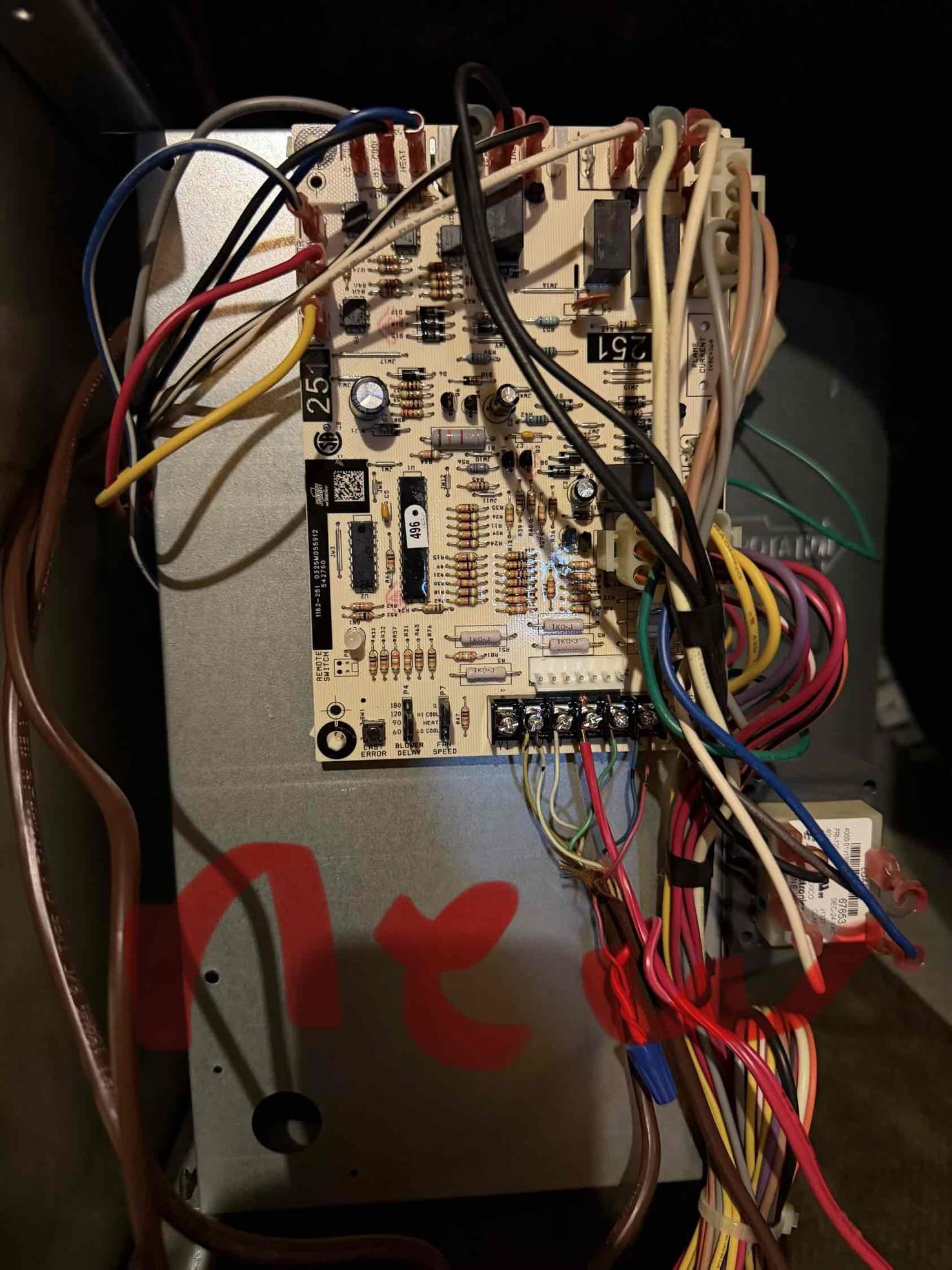 Anna, TX - 7/15/2026
I returned to install the new control board. I tested and cycled the system a couple times to verify it was going to perform correctly. I did not observe any arcing on the new control board. The old control board arced when inserting the 3 amp fuse. I could not replicate after the first occurrence. Also, I showed the client how to operate her new thermostat. 

Cause for replacement: intermittent failure causing the system to lose 24v 

Scope of work
1. Access the inside of the furnace 
2. Remove all wiring from the control board 
3. Remove the control board 
4. Mount new control board 
5. Rewire the control board back into the system
6. Test the system to ensure proper operation 