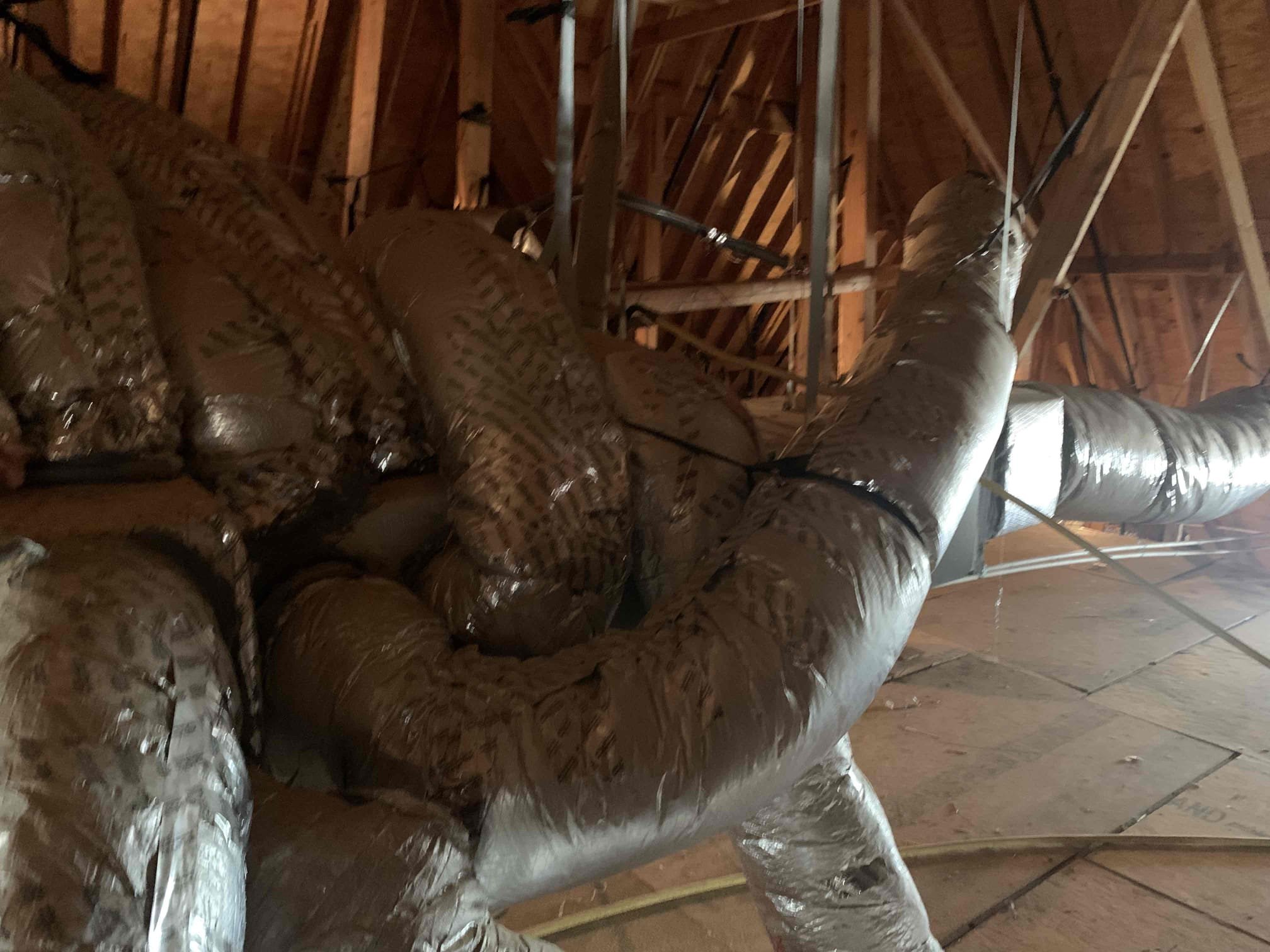 Customer was stating that unit upstairs in pool room is struggling to keep up. Set system to cool and went into attic. Indoor and outdoor units were running. Tested refrigerant levels and subcooling, they are within acceptable range. Checked temperature drop across system. At duct run feeling the room with the thermostat, the supply air was 69°. A different duct run supply a different part of upstairs was getting 59° supply air. Checled for dampers or anything obstructing duct run, it is clear. The supply plenum was shortened to fit between the units and there are too many ducts coming off of the supply plenum. Most of the cold air goes through the other ducts but is not getting through that one duct run that feeds the thermostat room. System is operating and cooling correctly. 

 Customer had concerns about insulation on copper piping outside. The insulation is old but none of it is missing and this would not contribute to the problem at all. 