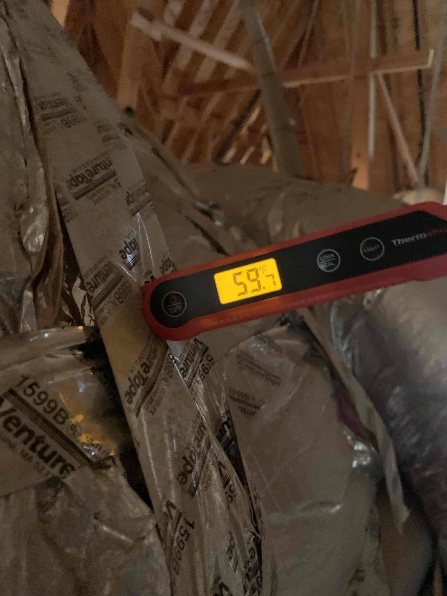 Customer was stating that unit upstairs in pool room is struggling to keep up. Set system to cool and went into attic. Indoor and outdoor units were running. Tested refrigerant levels and subcooling, they are within acceptable range. Checked temperature drop across system. At duct run feeling the room with the thermostat, the supply air was 69°. A different duct run supply a different part of upstairs was getting 59° supply air. Checled for dampers or anything obstructing duct run, it is clear. The supply plenum was shortened to fit between the units and there are too many ducts coming off of the supply plenum. Most of the cold air goes through the other ducts but is not getting through that one duct run that feeds the thermostat room. System is operating and cooling correctly. 

 Customer had concerns about insulation on copper piping outside. The insulation is old but none of it is missing and this would not contribute to the problem at all. 