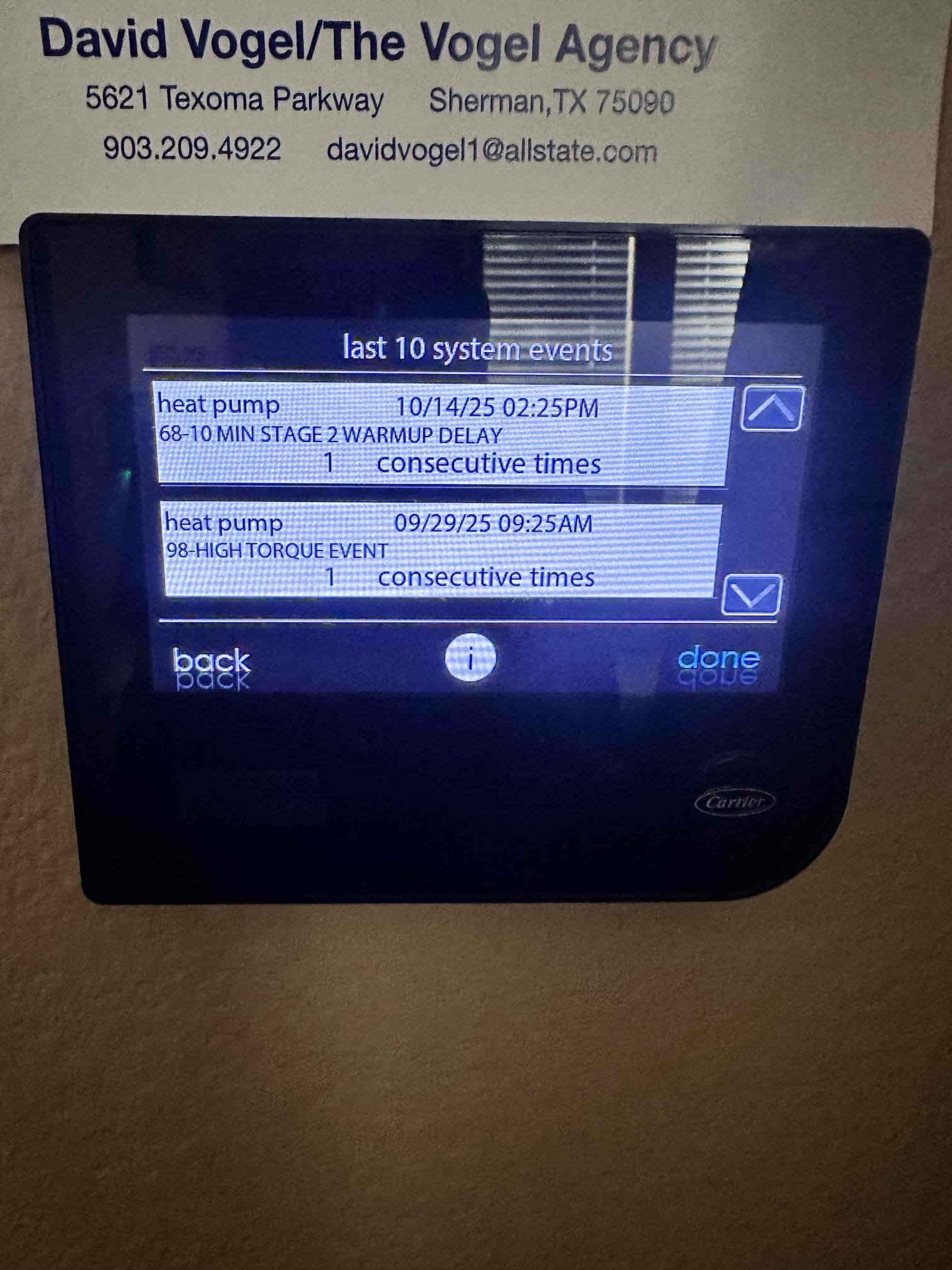 Sherman, TX - No cool on downstairs system. Thermostat was showing error 99, high torque lockout. Checked history and error has been happening most of the summer. Powered off system to clear error and turned it back on. Checked refrigerant pressures while system was running and they shows to be a restriction. After a few tests, determined that the TXV is not metering the refrigerant properly. It is causing too much refrigerant to build up in the system and is causing it to lockout. Need to replace TXV under parts only warranty. Customer payed $100 deposit. 