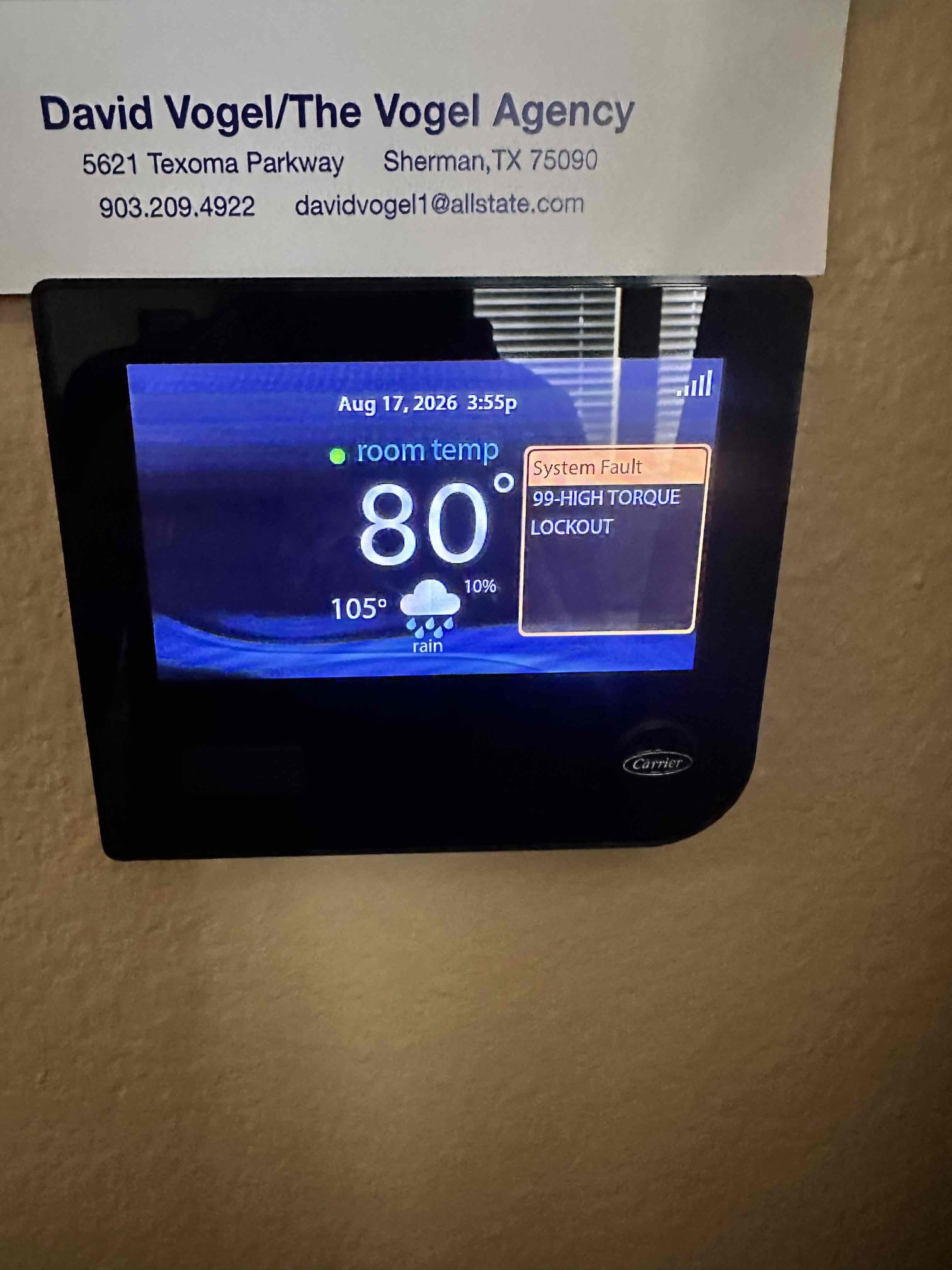 Sherman, TX - No cool on downstairs system. Thermostat was showing error 99, high torque lockout. Checked history and error has been happening most of the summer. Powered off system to clear error and turned it back on. Checked refrigerant pressures while system was running and they shows to be a restriction. After a few tests, determined that the TXV is not metering the refrigerant properly. It is causing too much refrigerant to build up in the system and is causing it to lockout. Need to replace TXV under parts only warranty. Customer payed $100 deposit. 