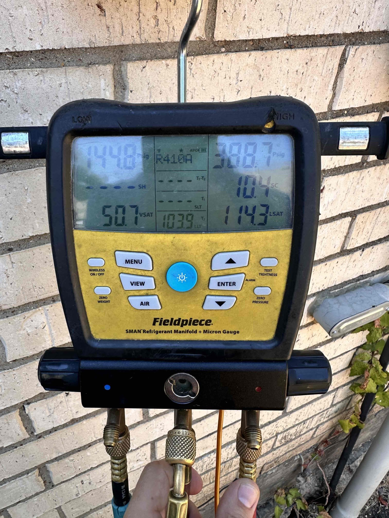 Melissa, TX - Customer was having concerns of system not keeping up with temperature. Checked temperature split across system, only getting 15° drop. Filter is pretty dirty. Checked refrigerant pressures and discharge side was high with low subcooling. Condenser coil was very dirty and couldn’t breathe. Cleaned condenser coil and replaced filter. Checked refrigerant pressures after and subcooling came up to where it should and discharge pressure was lower. Also superheat went down to an acceptable range. Performed the rest of the cooling maintenance. Checked operation of drain line and treated it with drain solution. Checked new temperature drop and now getting 19° difference, 77° return and 58° supply. Checked capacitor and contactor, both are within acceptable range. System is cooling at this time. 