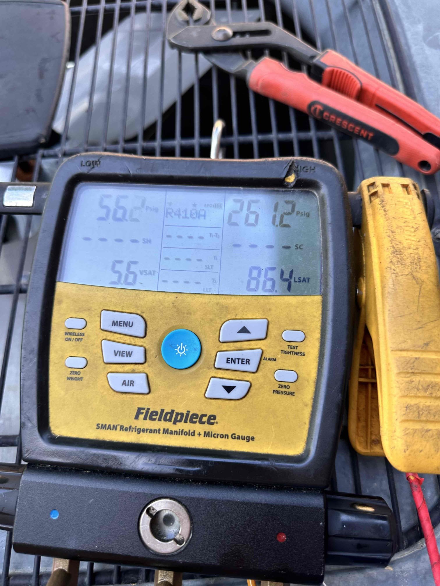 Gunter, TX - Arrive for no cool. System seems to be cooling a little but not very well. Checked refrigerant pressures and they show that evaporator coil is 4°F. Checked coil and it is completely frozen. Need to come back tomorrow to diagnose problem. Power disconnect off that way condenser does not run in the mean time. 
