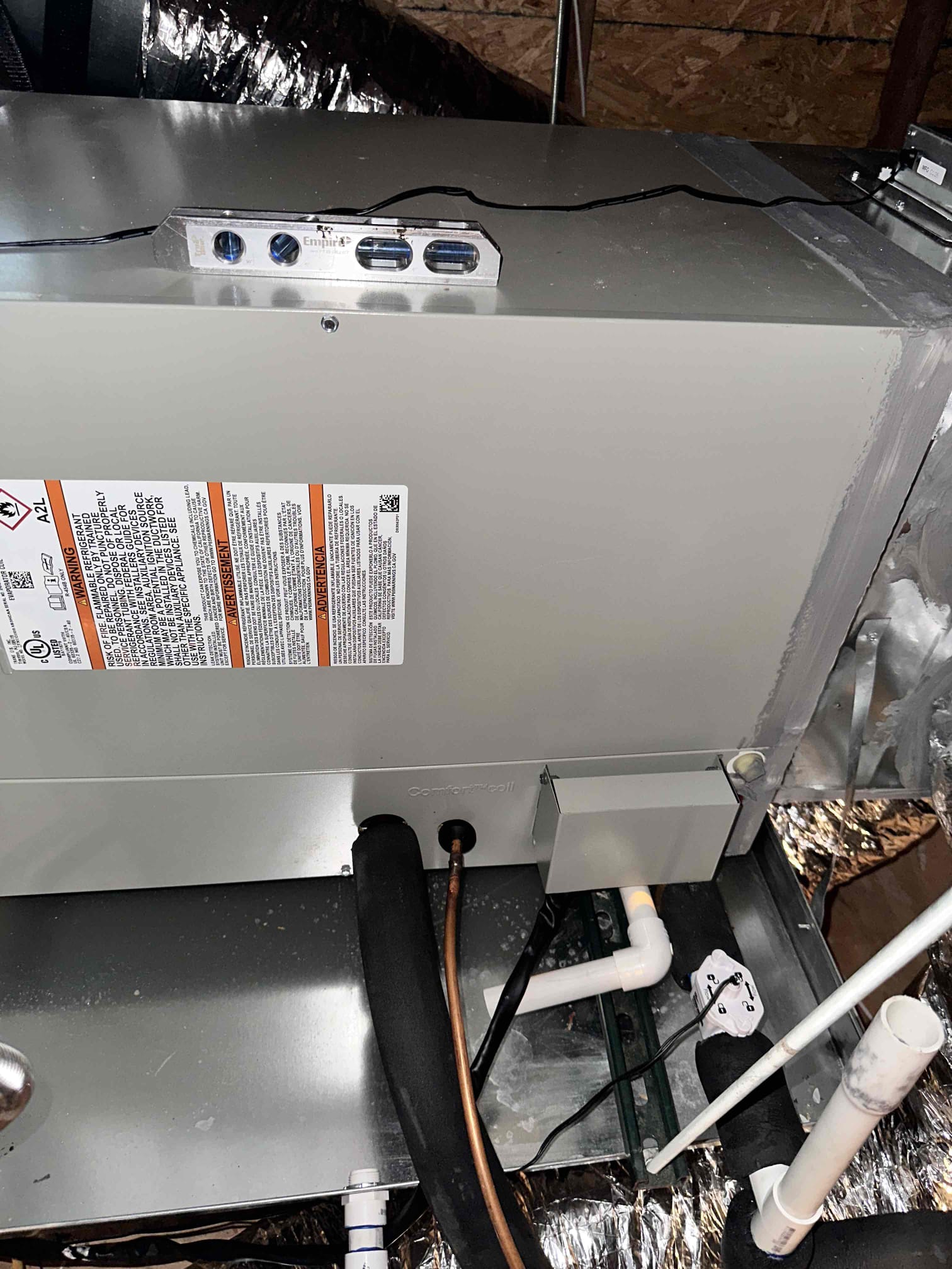 Blue Ridge, TX - Performed QC on new installed system. Put system into test mode from thermostat. Checked temperature drop across system. Checked unit level and drain level. System has safety shut off switches installed in drain line. Incoming gas has sediment trap. System connections are air tight with no leakage. Adjusted dampers for kitchen and dining room duct runs. Went outside to condenser and checked refrigerant pressures. System has refrigerant locking caps installed. Condenser is level. Customer is comfortable with using thermostat. 

Ceiling was damaged during install, pictures attached.
Filter size Aprilaire 210