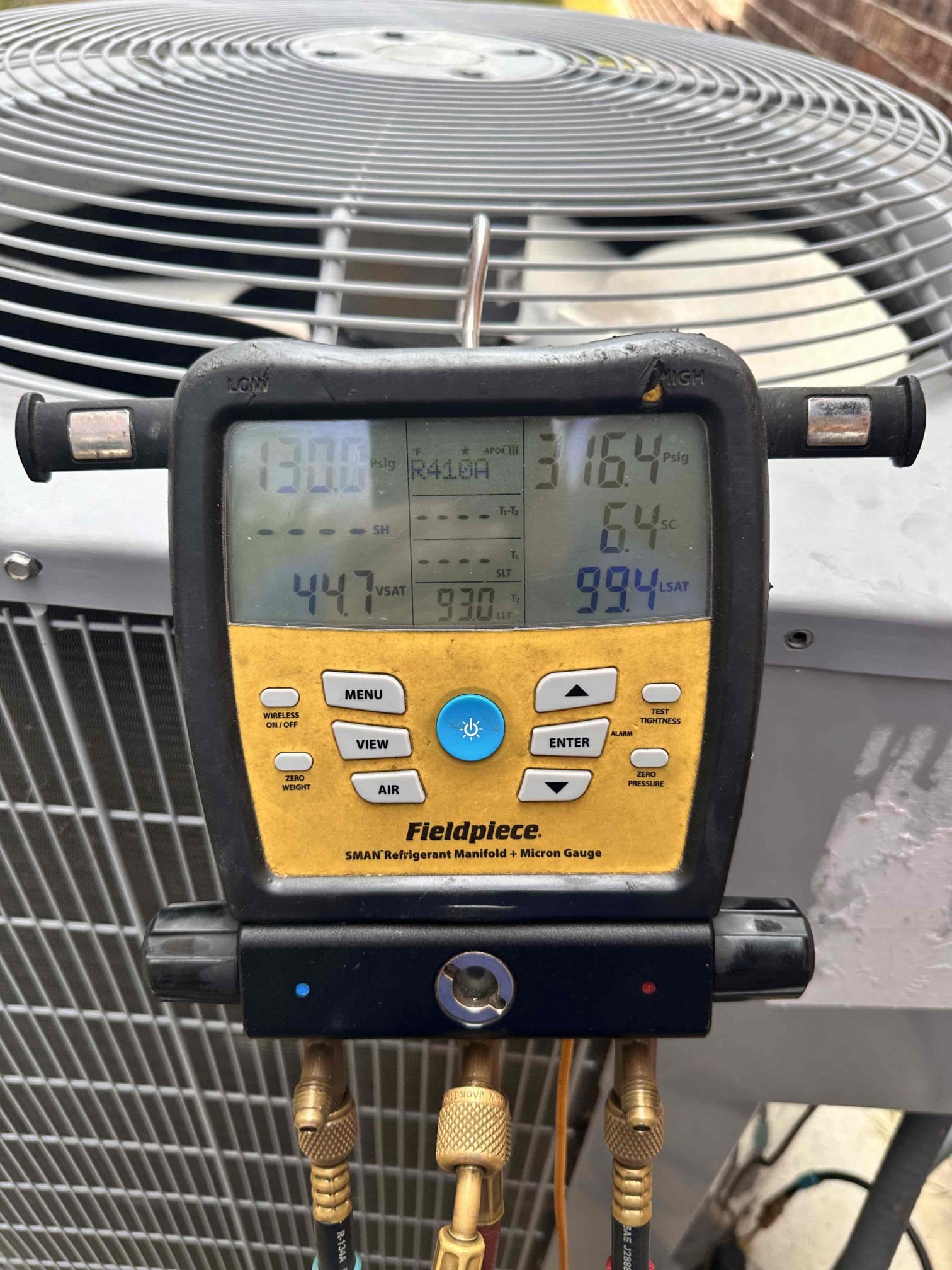 Melissa, TX - Arrive to replace blower motor. Removed old motor from wheel and housing. Installed new motor and torqued bolts down tight. Verified that the wheel spun freely. Installed housing with new motor back into furnace. Powered system on and checked operation after repair. Blower came on and continued to stay running. Checked temperature drop across system, getting 21° difference. Checked refrigerant pressures and subcooling. System is cooling at this time. 