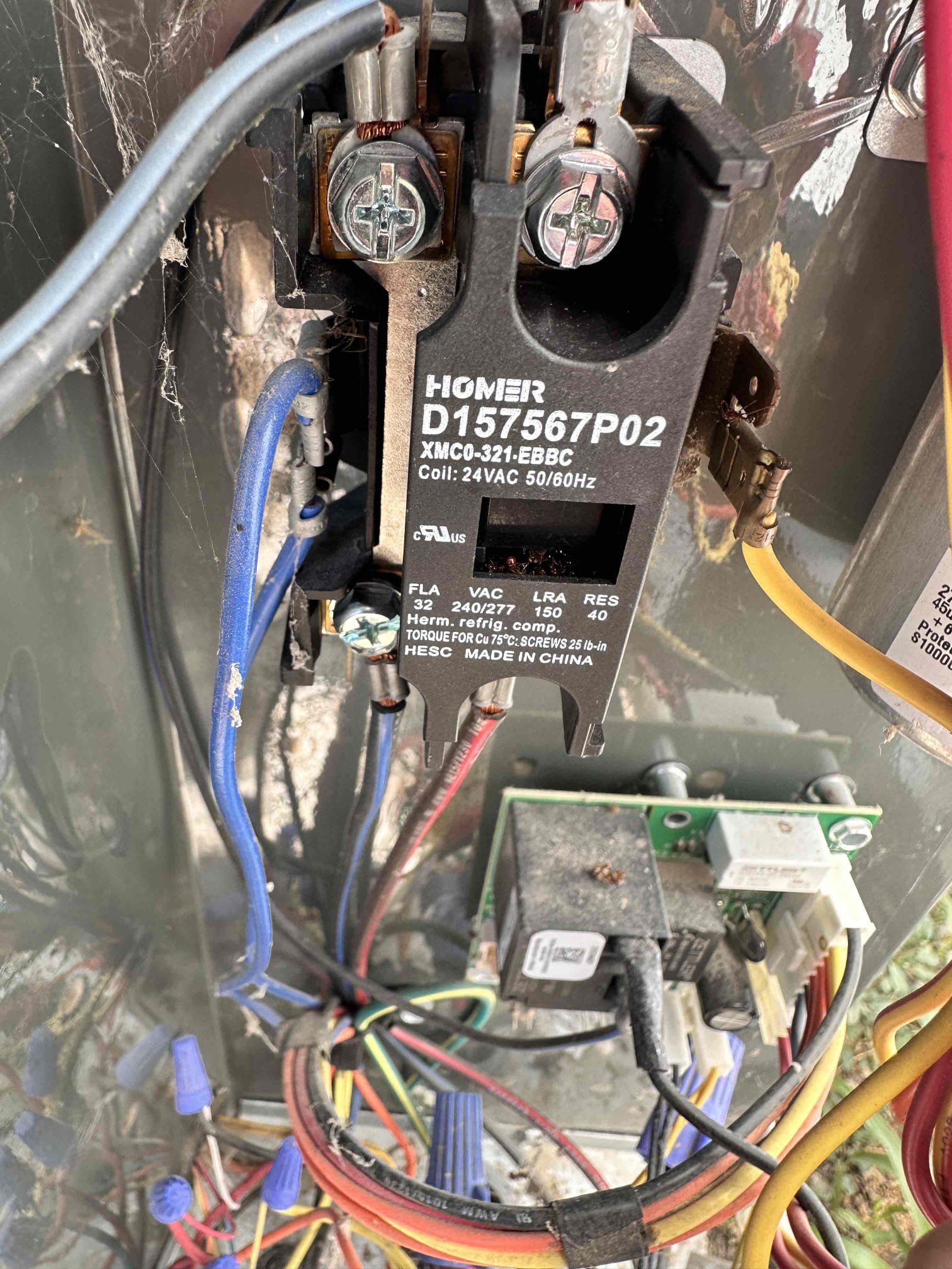 Anna, TX - No cool on split heat pump system. On arrival, indoor blower was running but condenser was not. Checked voltage at contactor, getting 24v from air handler. Getting 240v to bottom of contactor but not at the top. Contactor is bad. Found ants had crawled inside and it was not sending voltage through. Replaced contactor and tested system. Checked refrigerant pressures and subcooling. System is cooling at this time. 
