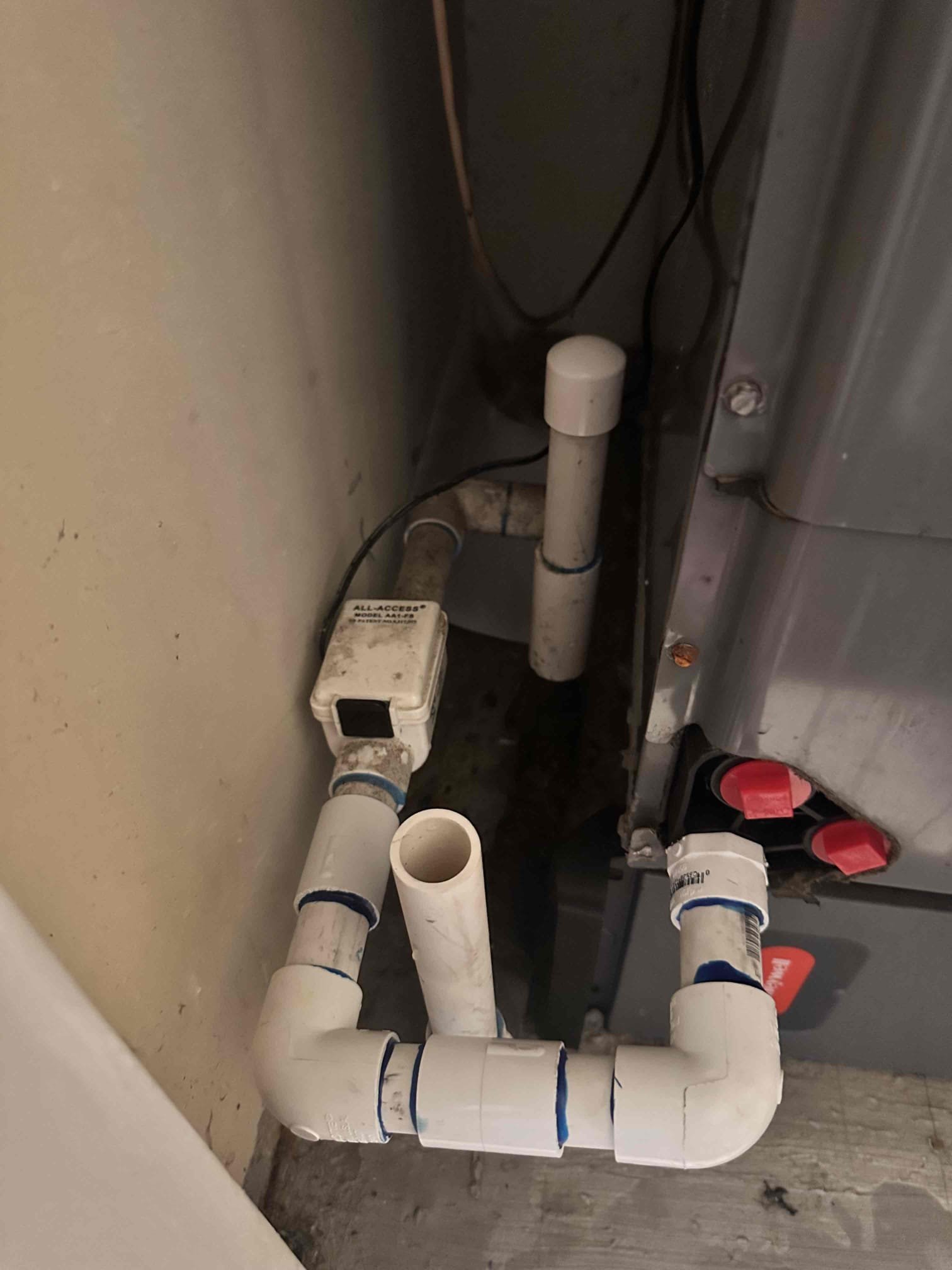 Arrive for water leaking all over the floor. Found that primary drain line was clogged up and water overflowed onto floor. System has float switch, but found that algae was holding the float down and not allowing it to shut unit off. Cleared primary drain line using water and nitrogen. Cleaned out float switch and tested its operation. Poured water down drain to verify it is cleared. System is cooling at this time.