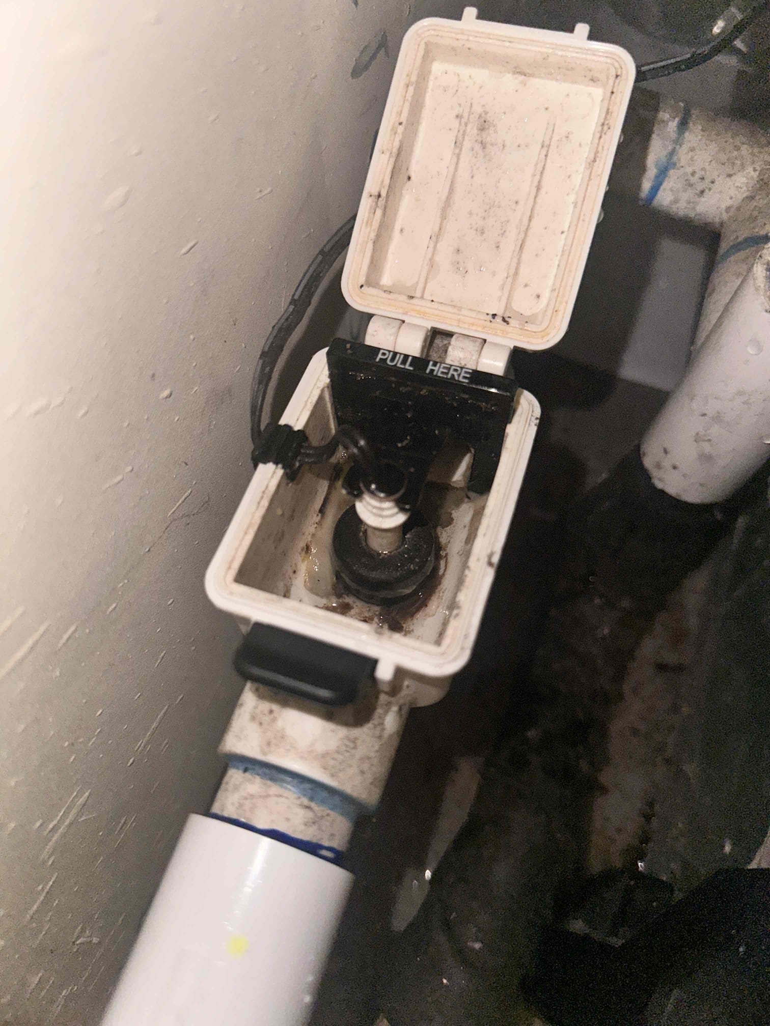 Arrive for water leaking all over the floor. Found that primary drain line was clogged up and water overflowed onto floor. System has float switch, but found that algae was holding the float down and not allowing it to shut unit off. Cleared primary drain line using water and nitrogen. Cleaned out float switch and tested its operation. Poured water down drain to verify it is cleared. System is cooling at this time.
