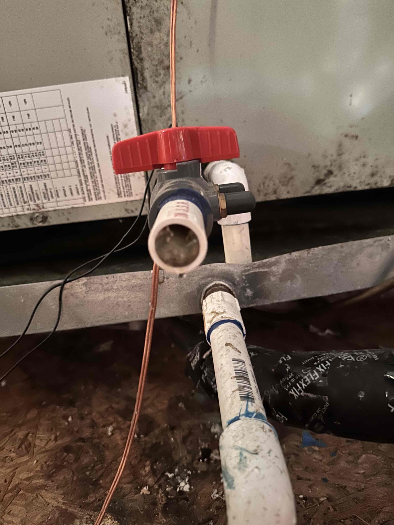 Wylie, TX - Arrive for excess water in the drain pan. Found that primary drain line is clogged and water was overflowing into the secondary pan. Cut drain and cleared it with water hose. Vacuumed out drain to float switch. Glued everything back together and poured water down it to verify it was clear. 

Customer had concerns about secondary draining out to their back patio where there is furniture. Suggested moving it to the side of the house instead. Access is good but I did warn the customer we will have to move the new insulation around to get the drain line ran to the soffit. Let her know that we will put it back as well as we can but it will have to get moved around. Sending an estimate. 