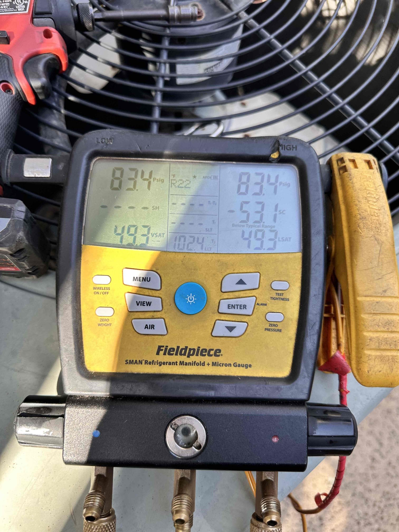 Frisco, TX - Arrive for no cool on upstairs system. Customer stated that system would run for about 30 seconds and then shut off. Connected gauges and found that system was almost completely out of refrigerant. System is R-22 which is no longer being used. Let customer know that only option at this point is replacement of the system. Comfort adviser is going to reach out to them about next steps. 