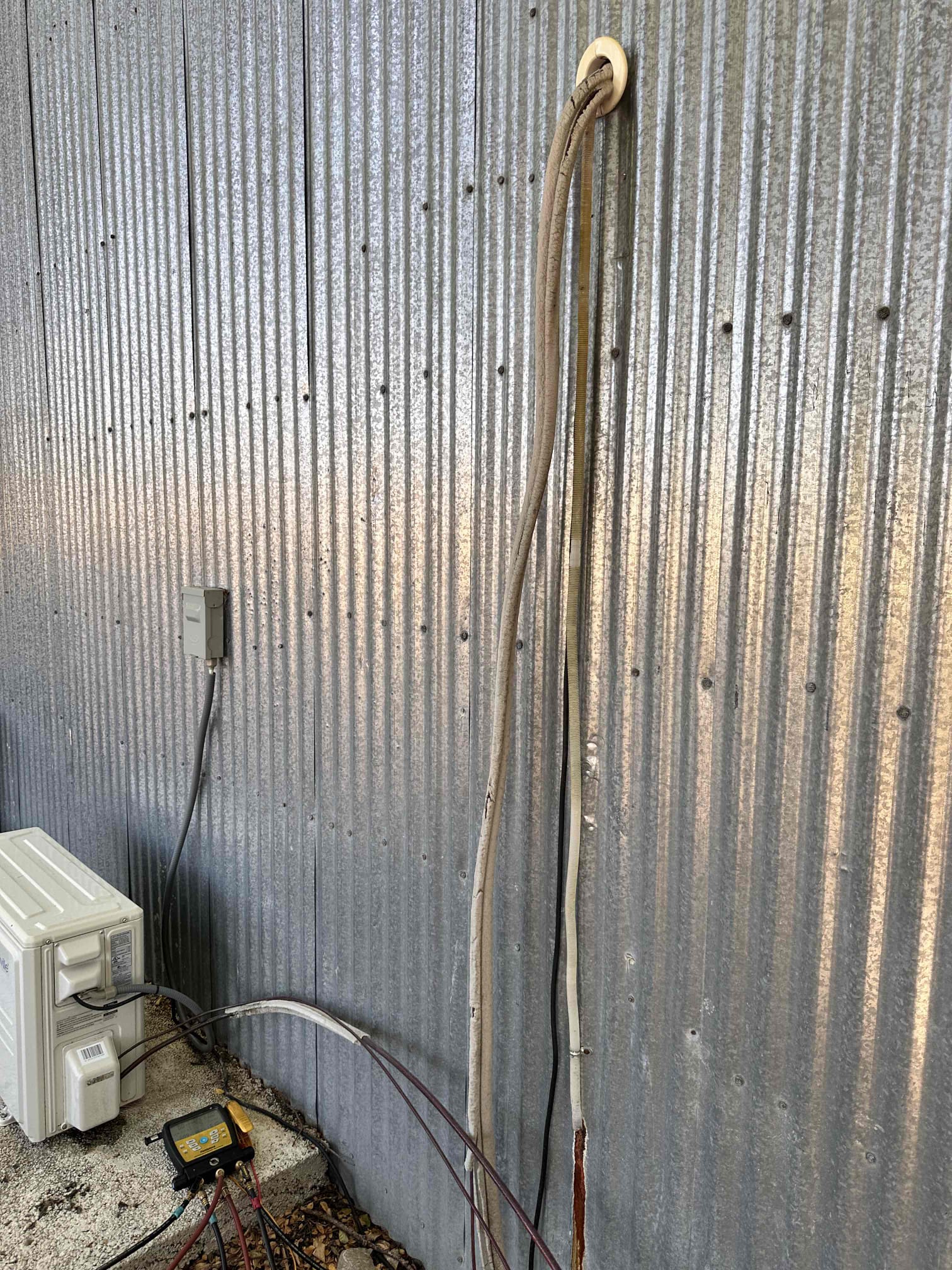 Arrived for no cool on mini split serving the back shed. Set system to Cool and checked temperature. Not getting any cold air coming out. Checked refrigerant pressures and system is low. Customer approved leak search. Located leak in evaporator coil inside. Customer wanted to add refrigerant to get it cooling for now. We will look into if coil is under warranty. Customer will also look into that from where they bought it. If it is not under warranty, customer would like estimate to replace.
