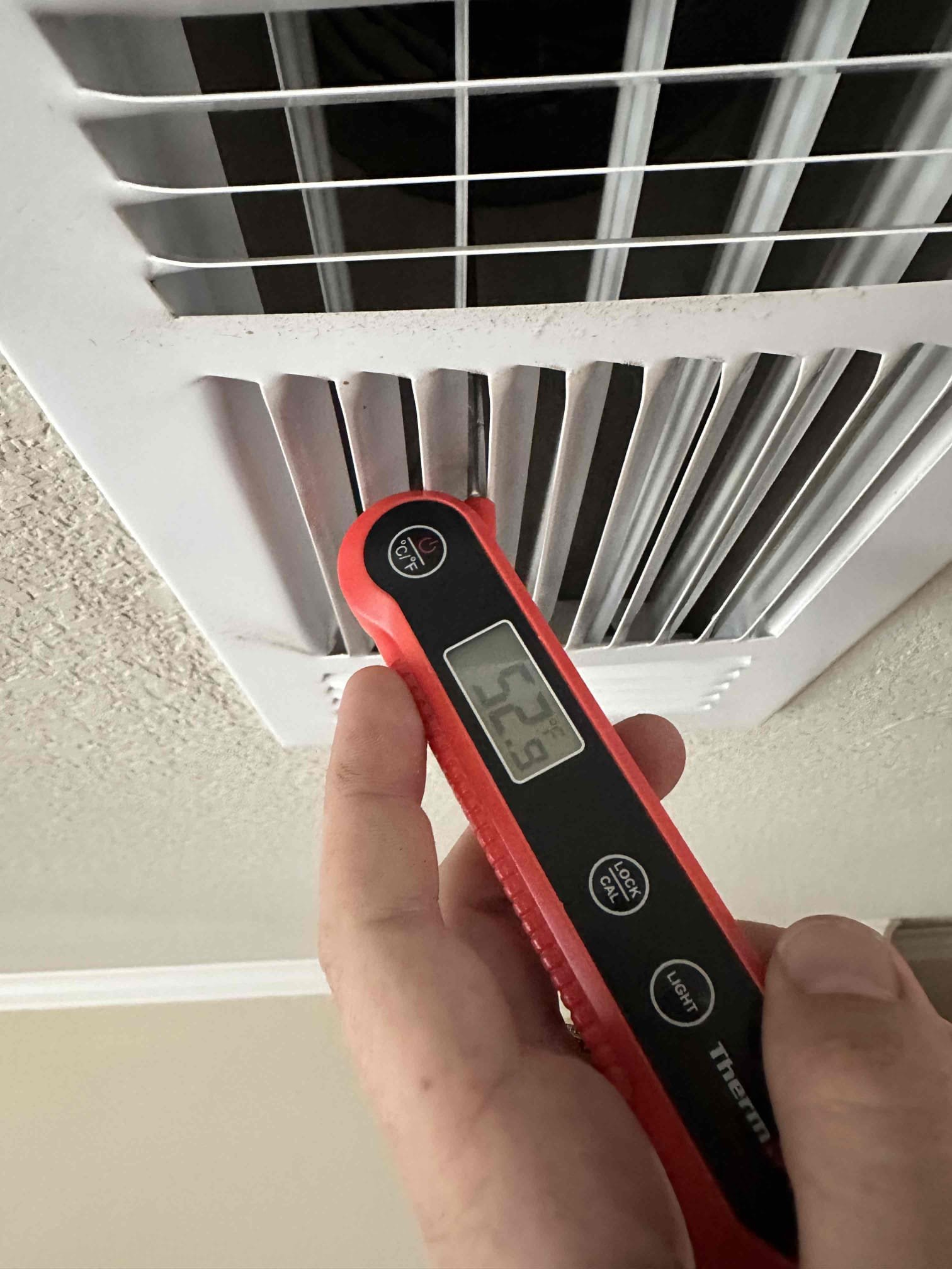 Van Alstyne, TX - Arrive for no cool on downstairs system. Customer had concerns about system keeping up with temperature. When they woke up this morning it was down to the set temperature. Also, when we arrived it was set to 73 and it was currently 73 in the house. Customer stated that he didn’t think enough air was coming through supply vents. Checked temperature drop across system and getting 22° difference. Filter was a bit dirty, recommended getting it replaced to make sure that doesn’t cause any inefficiency. Coil is clean and insulation inside cabinet is still attached. There are no dampers on supply plenum. Felt air coming out of supply grill and it seemed like the correct amount of air for the system. Getting 54° at supply grill. Thermostat schedule for sleep is set to 71° at 10:00. Everything is checking out correctly. System is cooling at this time. 