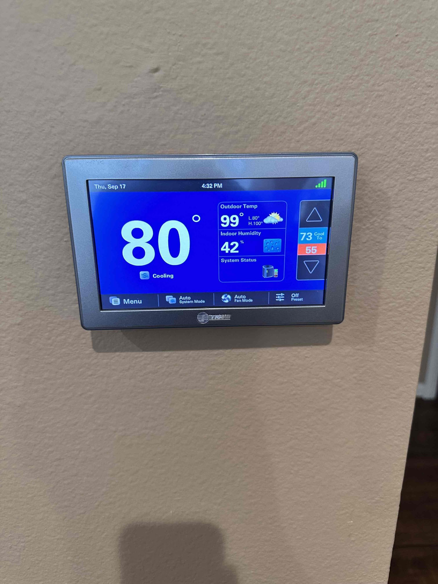 Richardson, TX - Arrive for no cool on bedroom system. Customer stated that he has a generac generator and it came on for a bit today. But when it went back to normal power, the thermostat never came back on. Pulled thermostat off the wall and put it back on, thermostat came on. Thermostat connected to internet correctly and started cooling after its delay. Indoor blower and condenser are running. System is cooling at this time. 