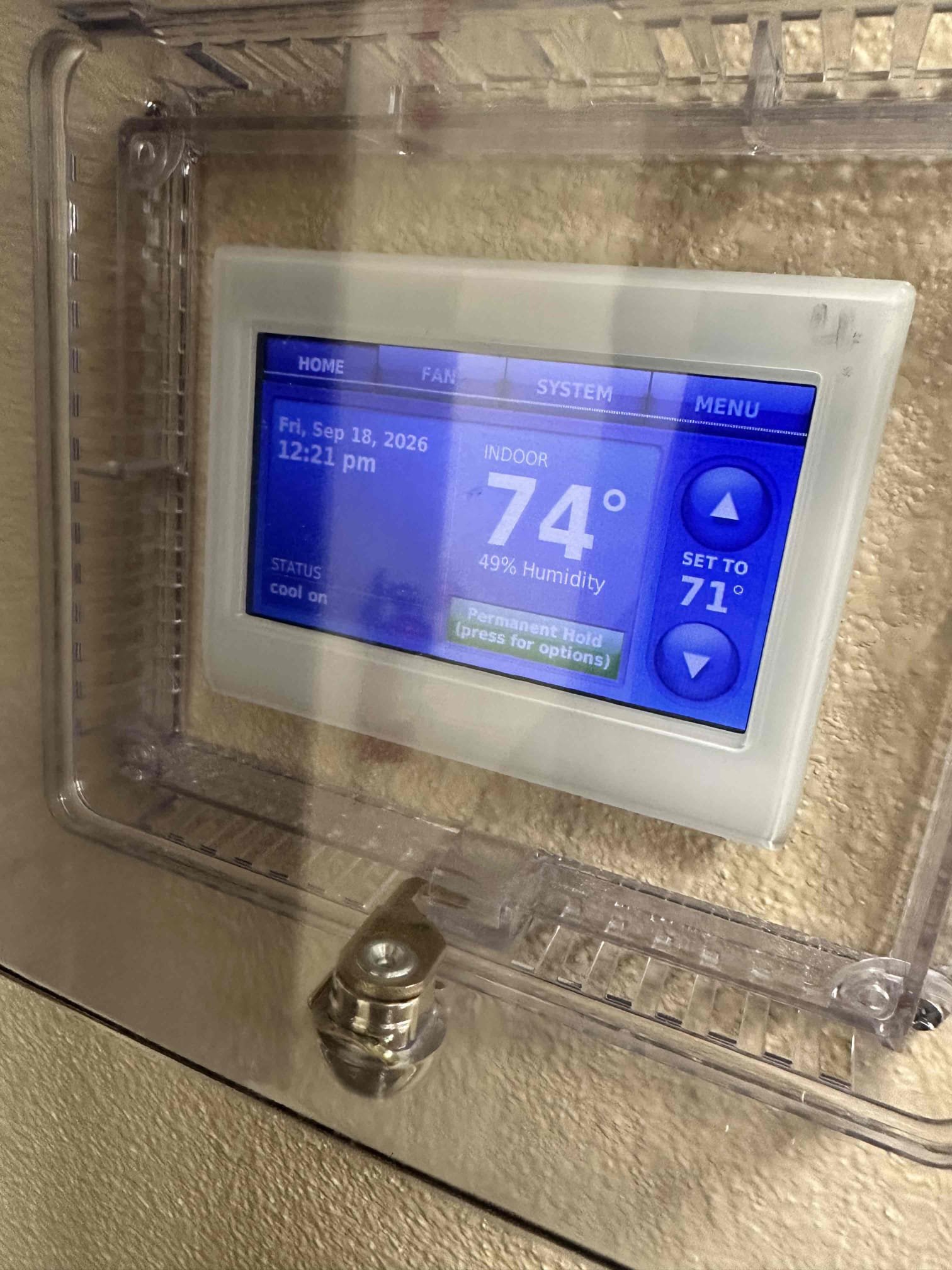 Sherman, TX - System #4 thermostat was blank. After inspecting unit found that primary drain line was clogged and float switch shut unit down. Blew out drain line using nitrogen and vacuumed out extra buildup that was present. Poured water down drain line to verify it was clear. Treated primary drain pan using algae guard strip. System came back on and system is cooling at this time. 