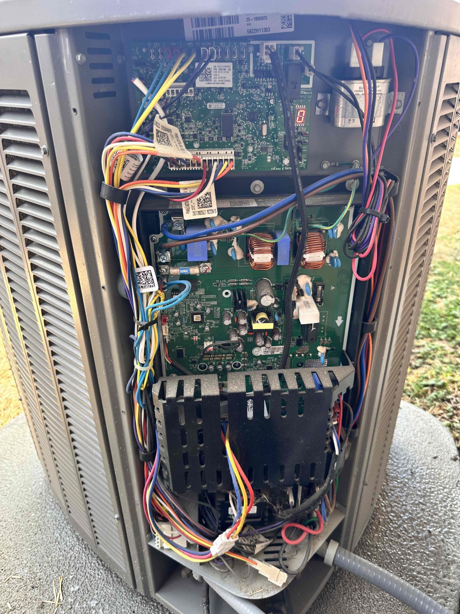 Dallas, TX - 2 system AC maintenance. Replaced filters provided by customer. Checked operation of drain lines, they are clear and I treated them with drain solution. Measured temperature drop across systems, getting proper cooling by both units. Next, went outside to condensers. Measured amp draw on compressors and fan motors. Starting amp draw on compressor for bedroom system is at its limit, any more will start to put extra wear and tear on the compressor. Recommend installing hard start kit before it gets too bad. Capacitor for bedroom system is now out of range and could fail at any point. Sent estimate to have capacitor replaced, included generic one as well as one that comes with 5 year warranty. Cleaned condenser coils using water. Systems are cooling at this time. 
