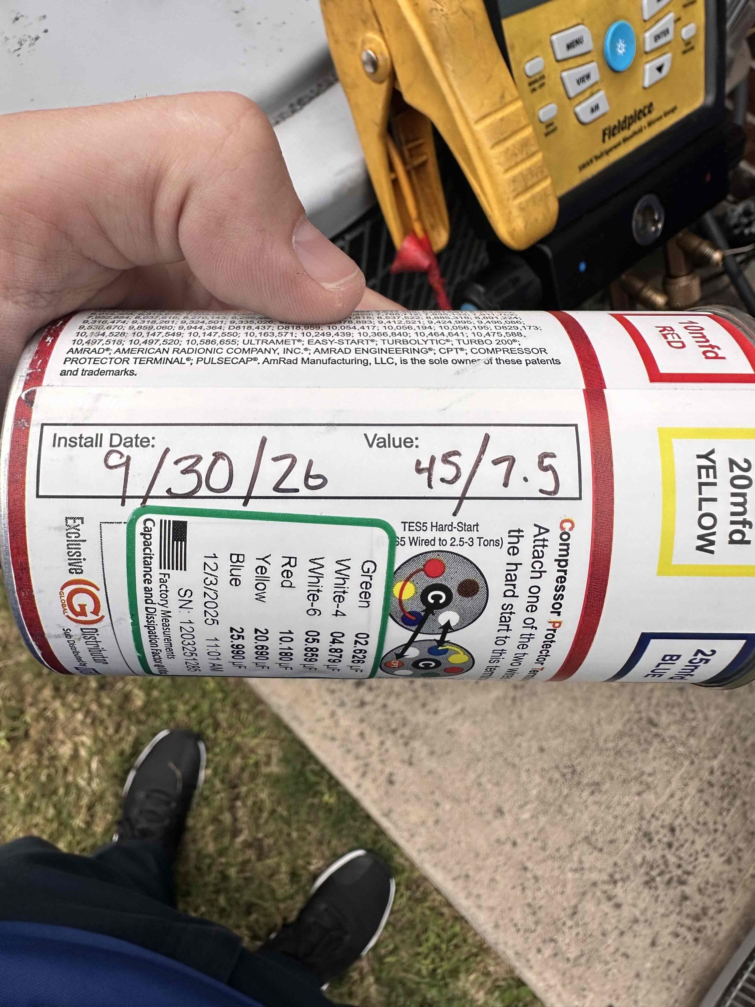 Customer noticed that yesterday the downstairs unit stopped cooling suddenly. Checked temperature split and it is not cooling at all. Went outside to condenser and compressor was not running. Checked capacitor and it was bad. Customer approved repairs. 
Turbo capacitor with 5 year warranty 

Checked temperature drop after capacitor replacement and only getting 16°. Customer wanted to add a pound of refrigerant. After adding refrigerant, temperature split is 18° with 75° return and 57° supply.
