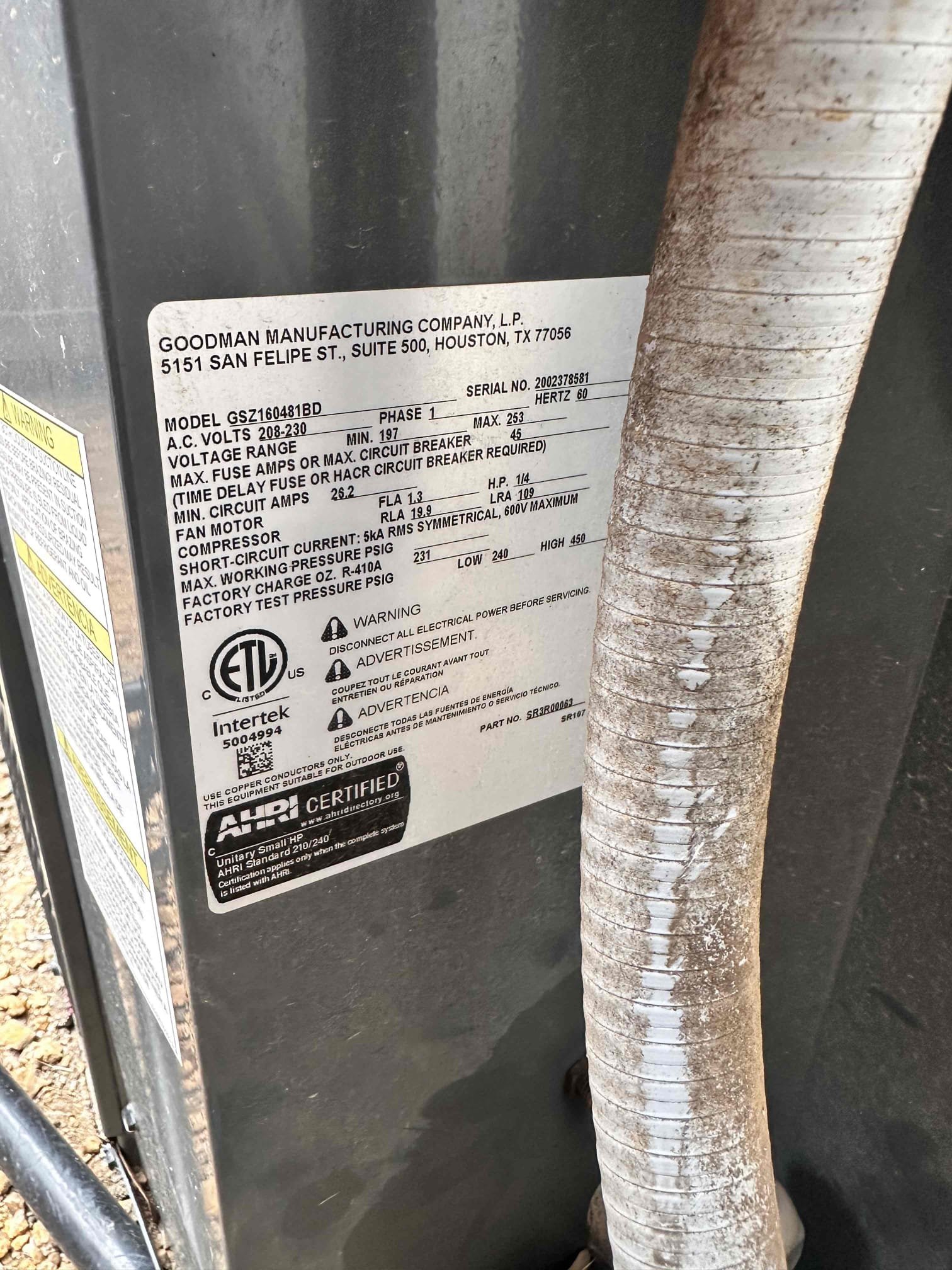 Dallas, TX - Arrive for no cool on downstairs system. Main downstairs system is cooling correctly, getting 70° return and 50° supply temperature. System serving bedroom area is not cooling at all. Went outside to condenser and checked refrigerant pressures. System is very low on refrigerant. Noticed oily residue around reversing valve. Found that true suction line rubbed against big suction line and put a hole in it. Hole in copper line needs to be patched with solder and filled back up with refrigerant. This includes replacing filter line dryer. Install is coming back out later today to repair it. 