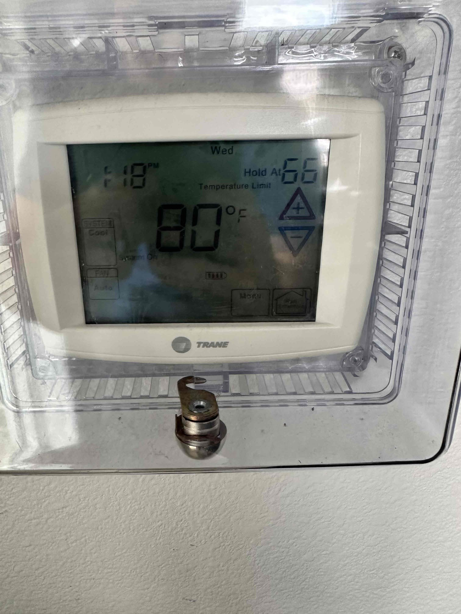 No cool on gym system. Thermostat was set to cool but condenser was not running. Went into attic and found that primary drain line was clogged. P-trap was blocked up by algae from the coil. Blew drain line out using nitrogen and poured hot water down line after to wash all stuff out. System is draining properly now. System is cooling at this time. 