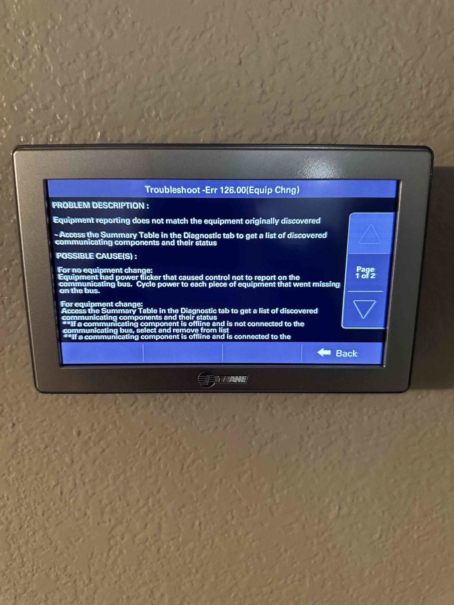 Van Alstyne, TX - Arrive for no Cool on zone system. Thermostat had critical error on it, stating no communication with outdoor unit. Went to main breaker panel and found that breaker for outdoor unit was turned off. Customer had tried to reset breakers and accidentally left the condenser breaker off. After powering on condenser, communication was reestablished. After five minute delay, system started cooling. Upstairs and downstairs zones are both cooling at this time.